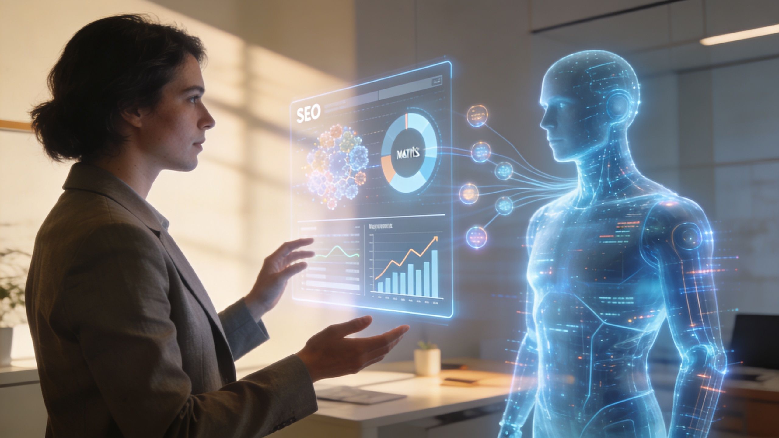 A professional woman interacting with a holographic interface showing SEO data connected to an AI human figure.