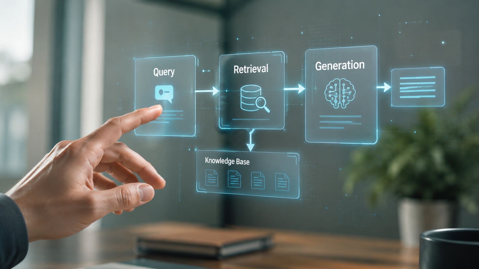 A hand points to a digital diagram illustrating an AI retrieval-augmented generation workflow with query, retrieval, and generation steps.