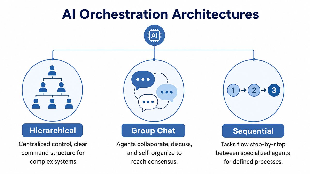 A diagram illustrating three types of AI orchestration architectures: hierarchical, group chat, and sequential process flows.