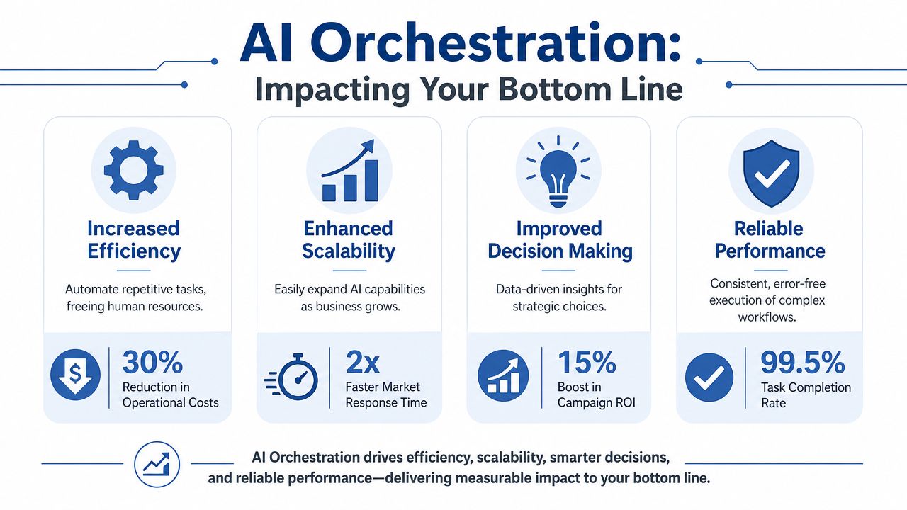 An infographic illustrating how AI orchestration increases efficiency, scalability, decision making, and performance with measurable bottom-line results.