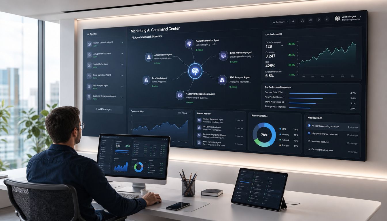 A professional working at a desk with multiple monitors displaying AI agent orchestration dashboards and analytics.