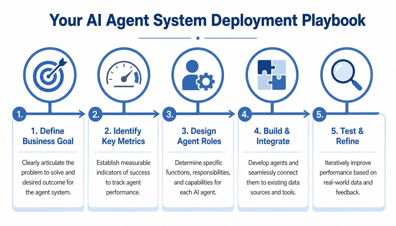 A five-step roadmap infographic illustrating the deployment process for an artificial intelligence agent system.