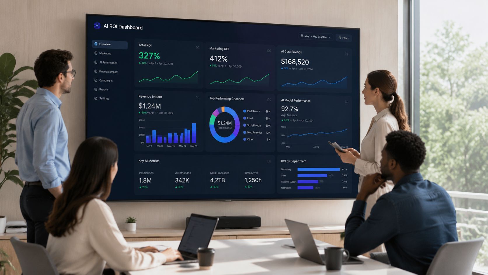 A professional team reviews an AI ROI dashboard on a large wall display in a bright office.