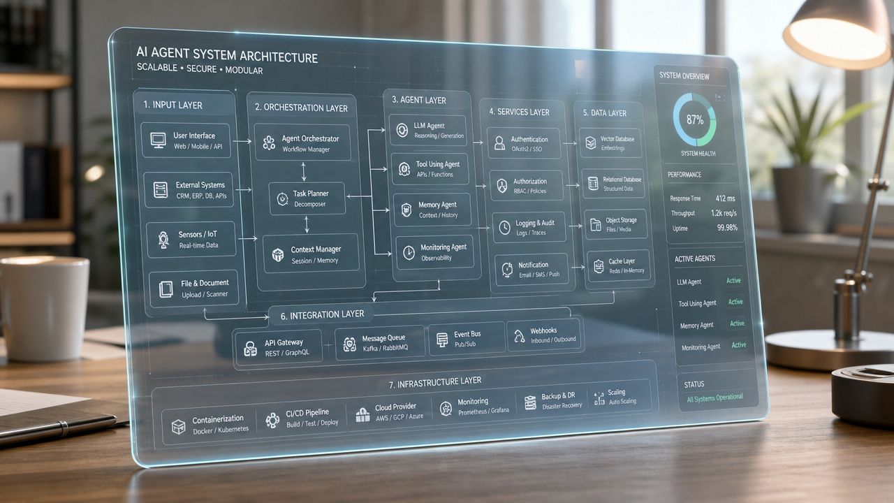 A digital holographic display showing a detailed AI agent system architecture diagram on a wooden desk.