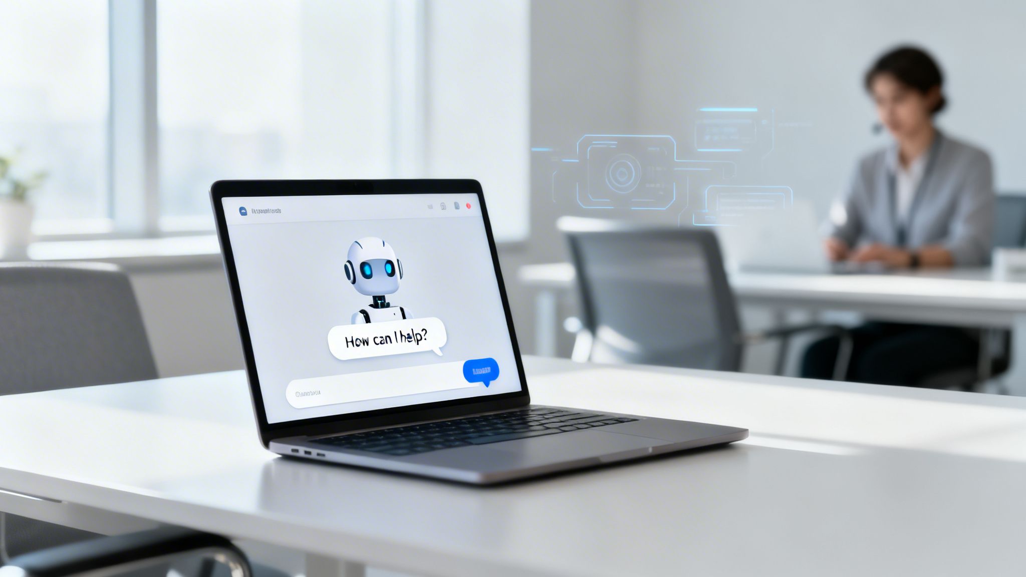 A laptop displays an AI chatbot with a robot avatar offering help in a modern office.