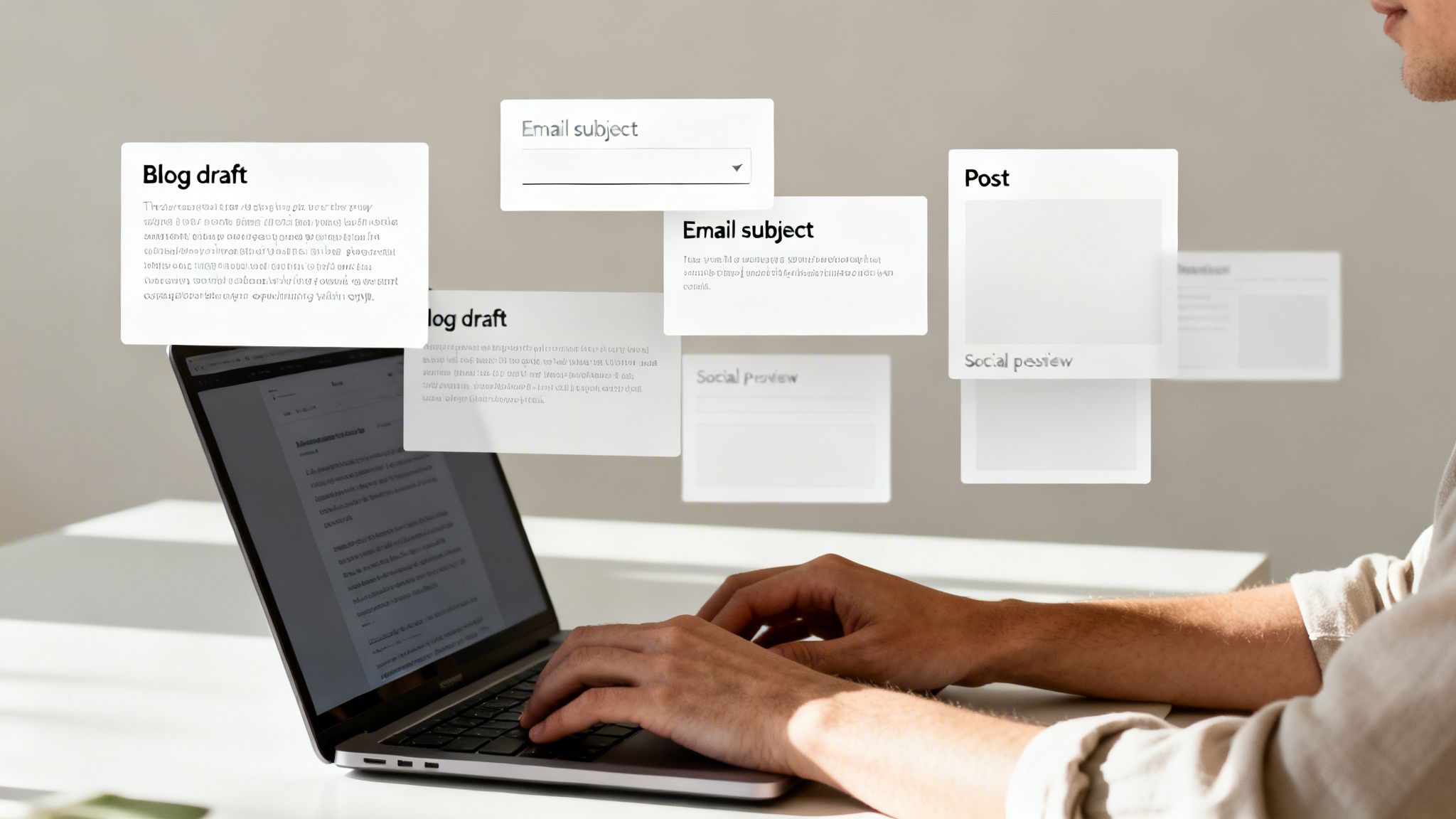 Man typing on a laptop, surrounded by floating AI-generated content drafts for blogs and emails.