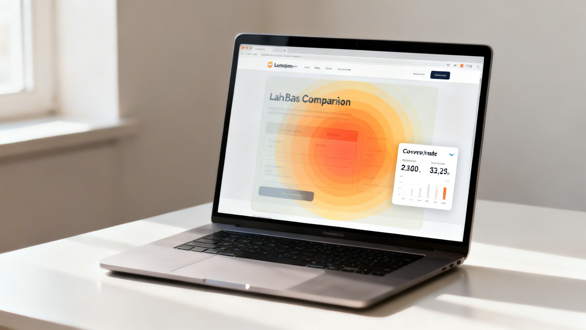 A laptop screen displays a digital marketing heatmap with conversion rate data on a white desk.