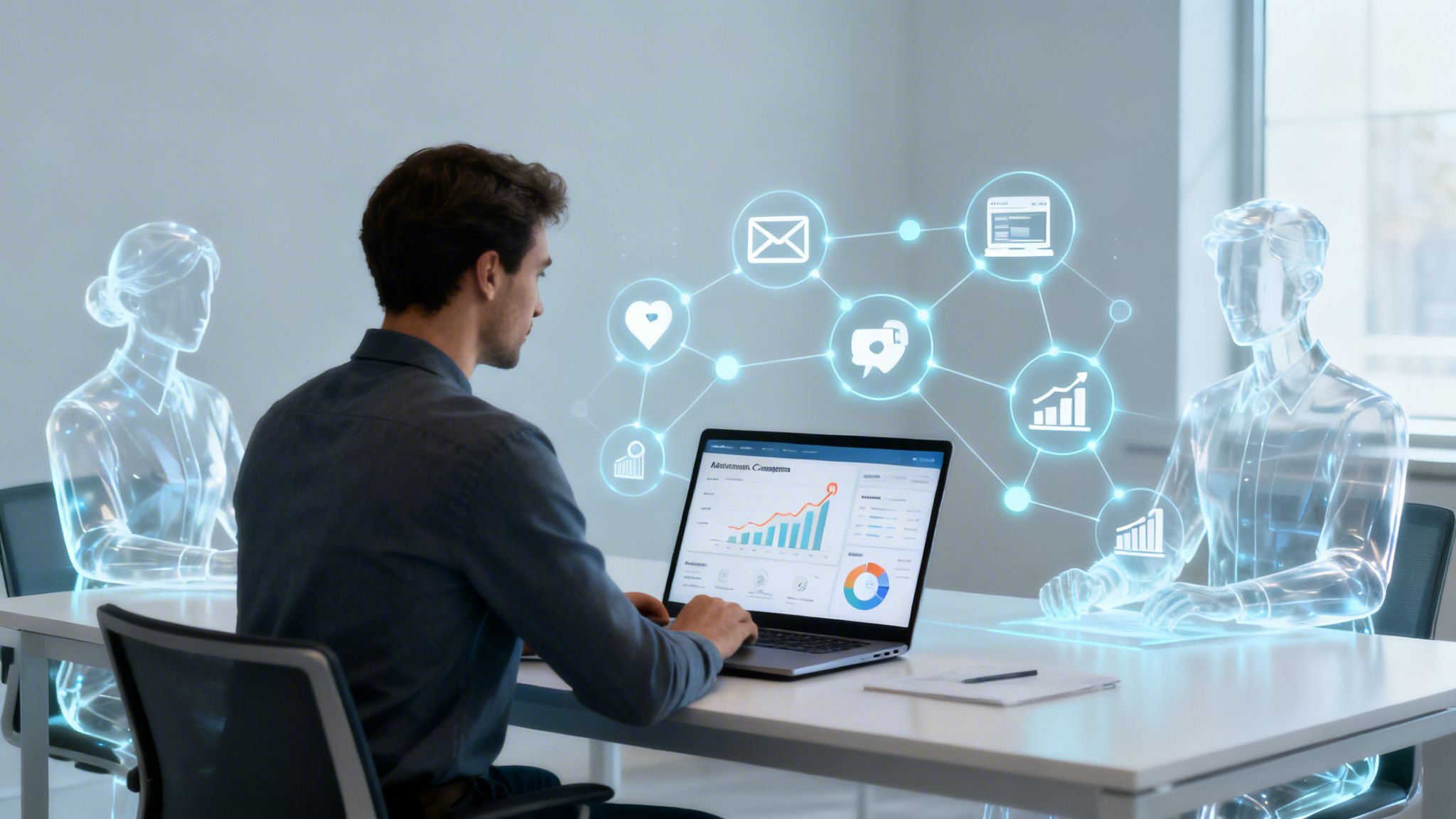 Man uses laptop with holographic AI agents and connected digital icons for business analysis.