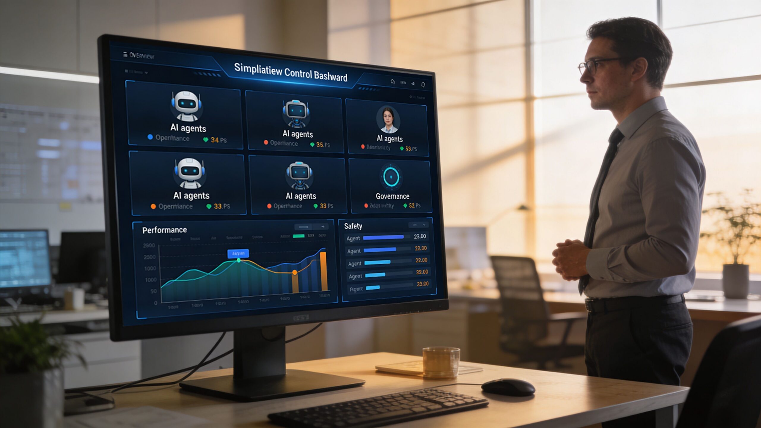 A professional man observing a large dashboard screen displaying AI agent performance metrics in an office setting.