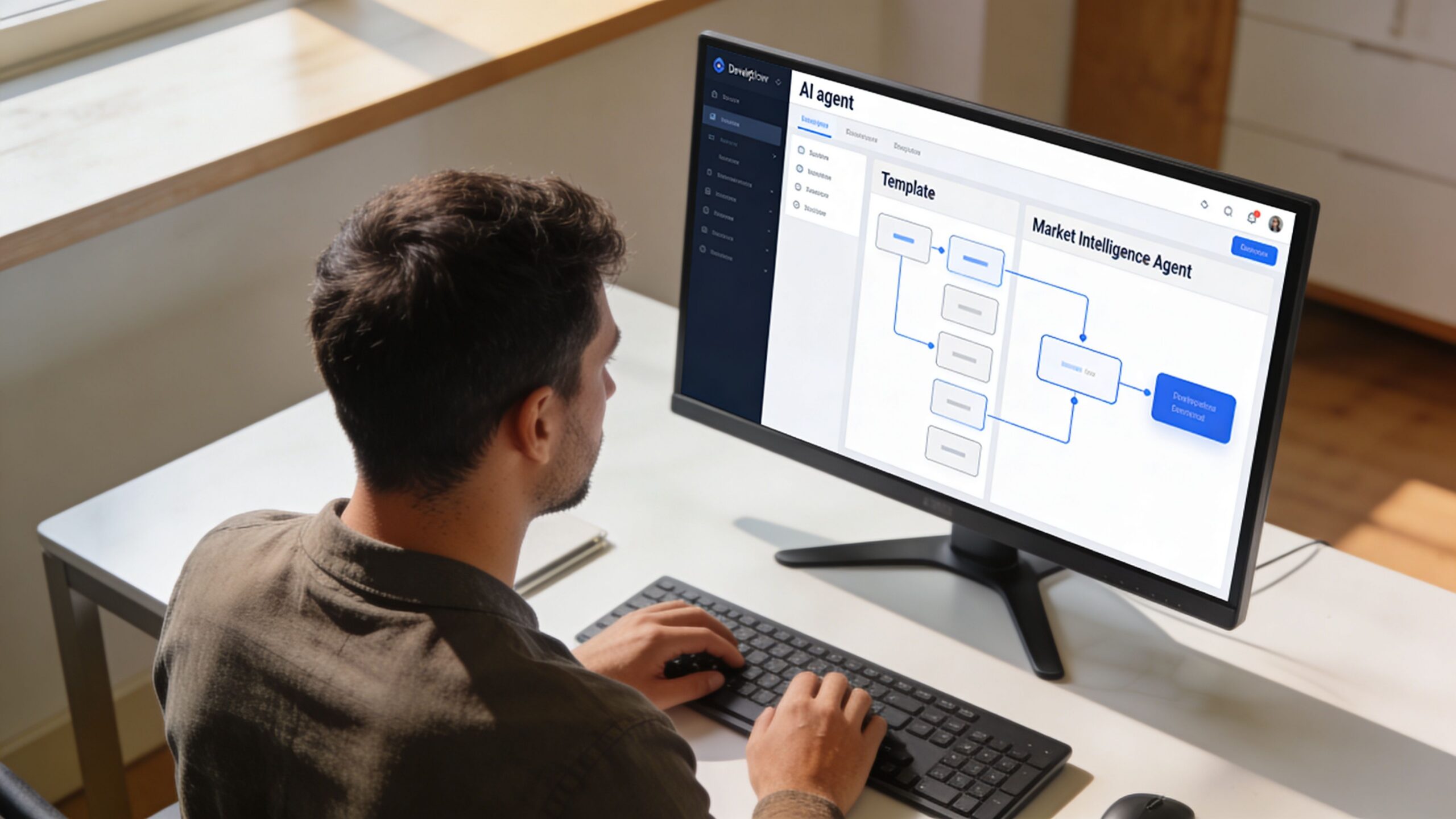 A person sitting at a desk working on a computer screen displaying an AI agent interface.