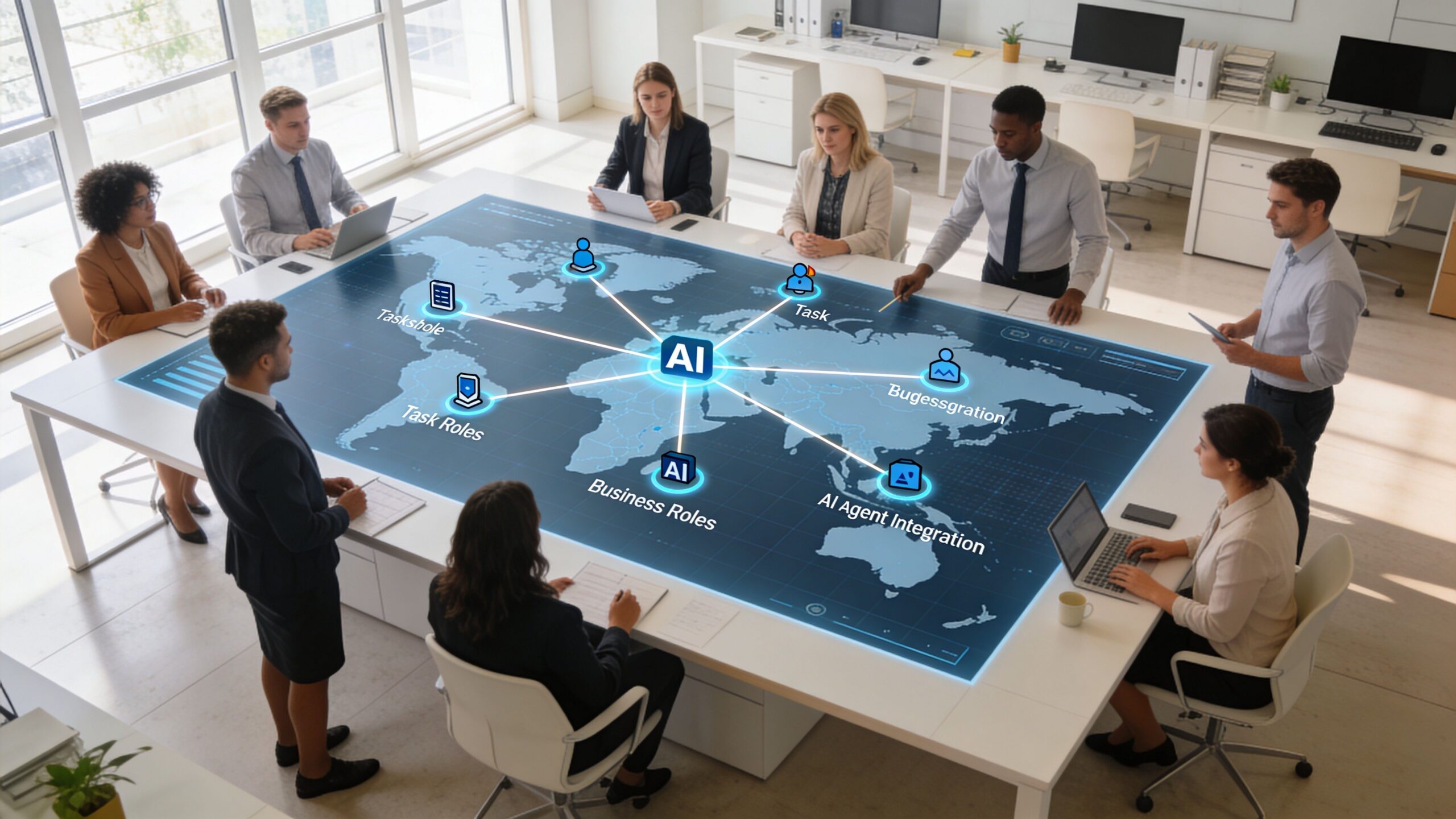 A professional team gathers around a high-tech conference table displaying an interactive digital world map with AI task icons.