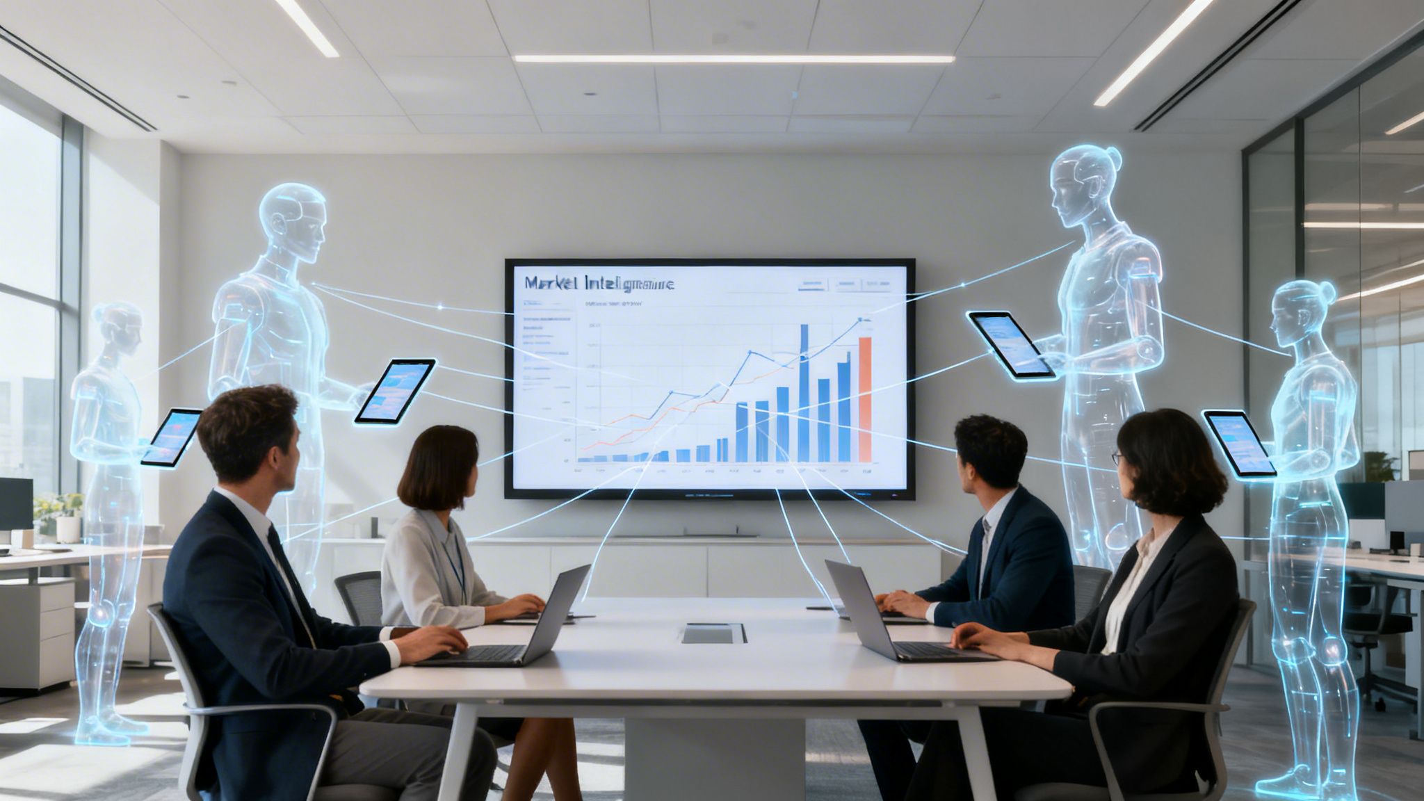 A diverse business team meeting with holographic AI agents displaying data on tablets and a large screen.