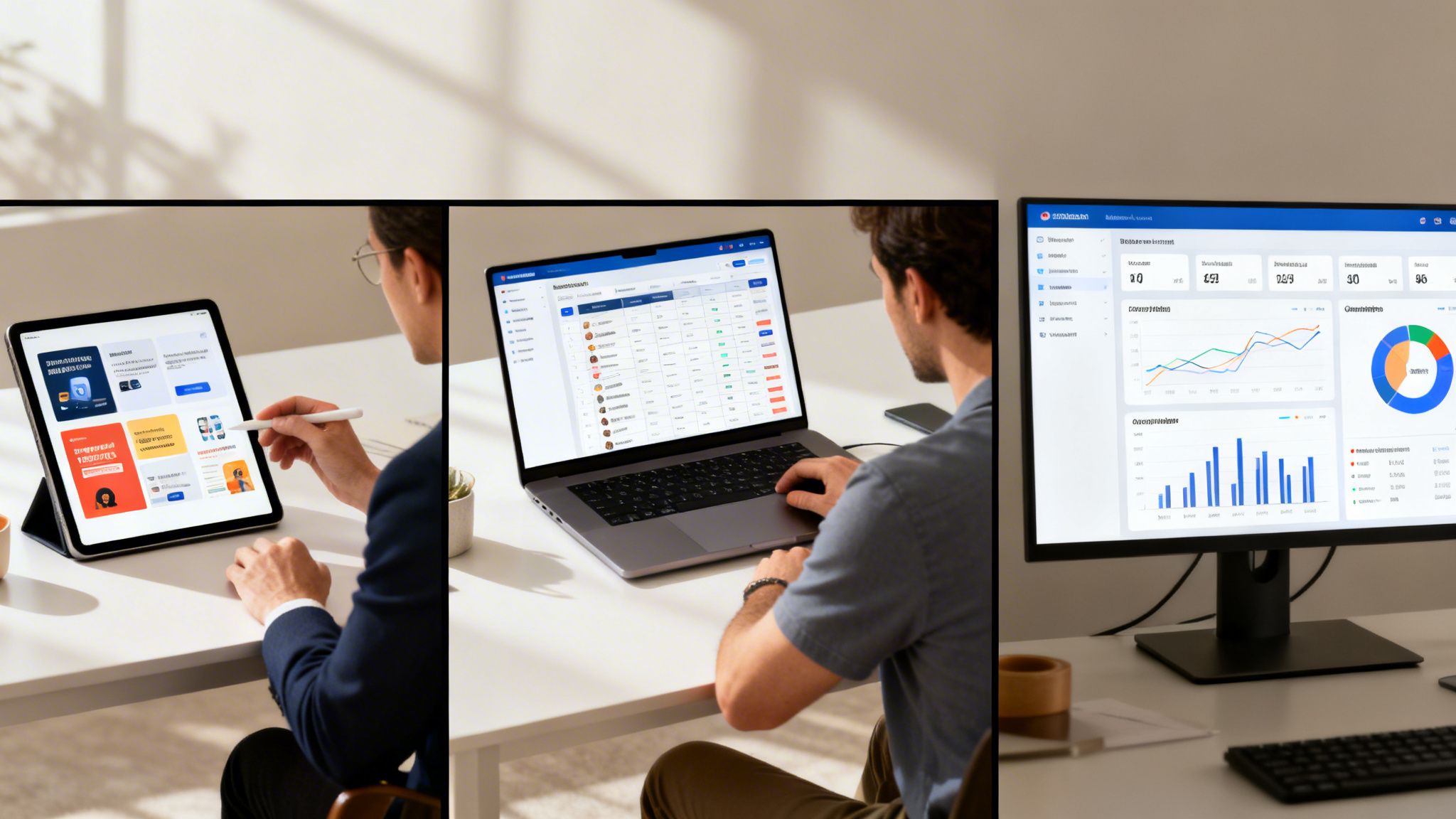 People analyze business data on a tablet, laptop, and desktop monitor with dashboards and charts.