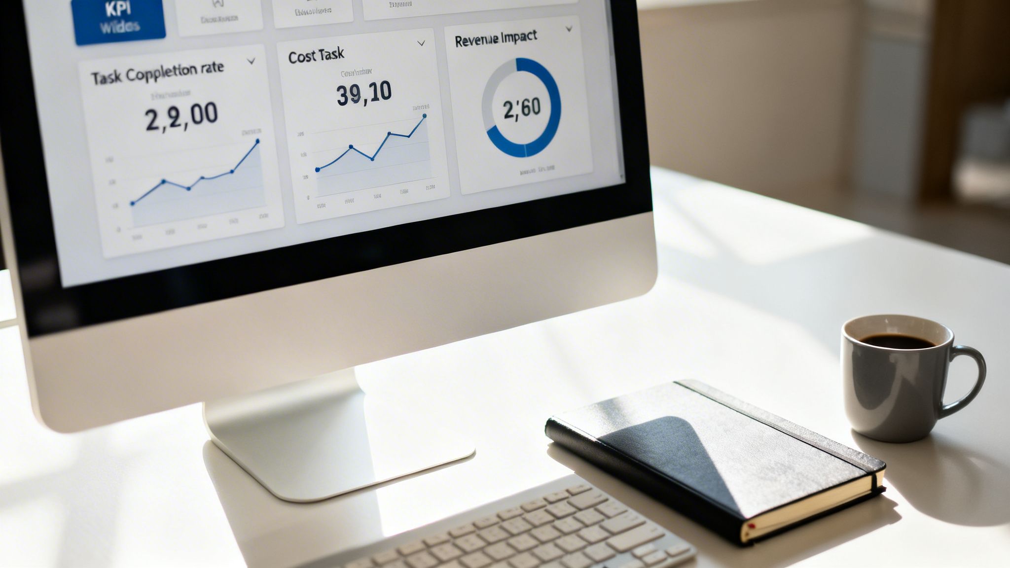 Close-up of a desktop computer displaying business analytics dashboards with a notebook and coffee.
