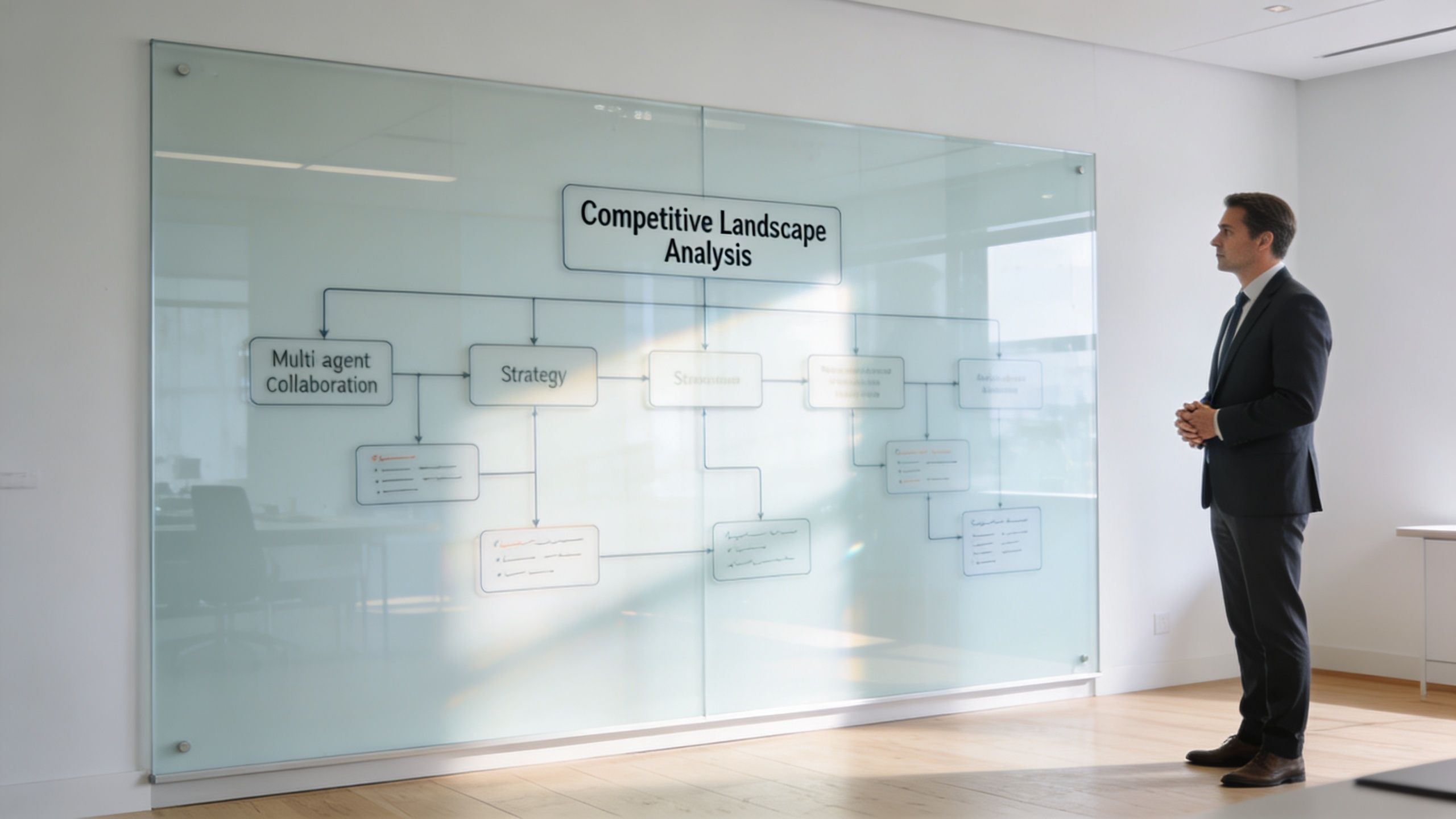 A professional man in a suit looking at a competitive landscape analysis flowchart on a whiteboard.