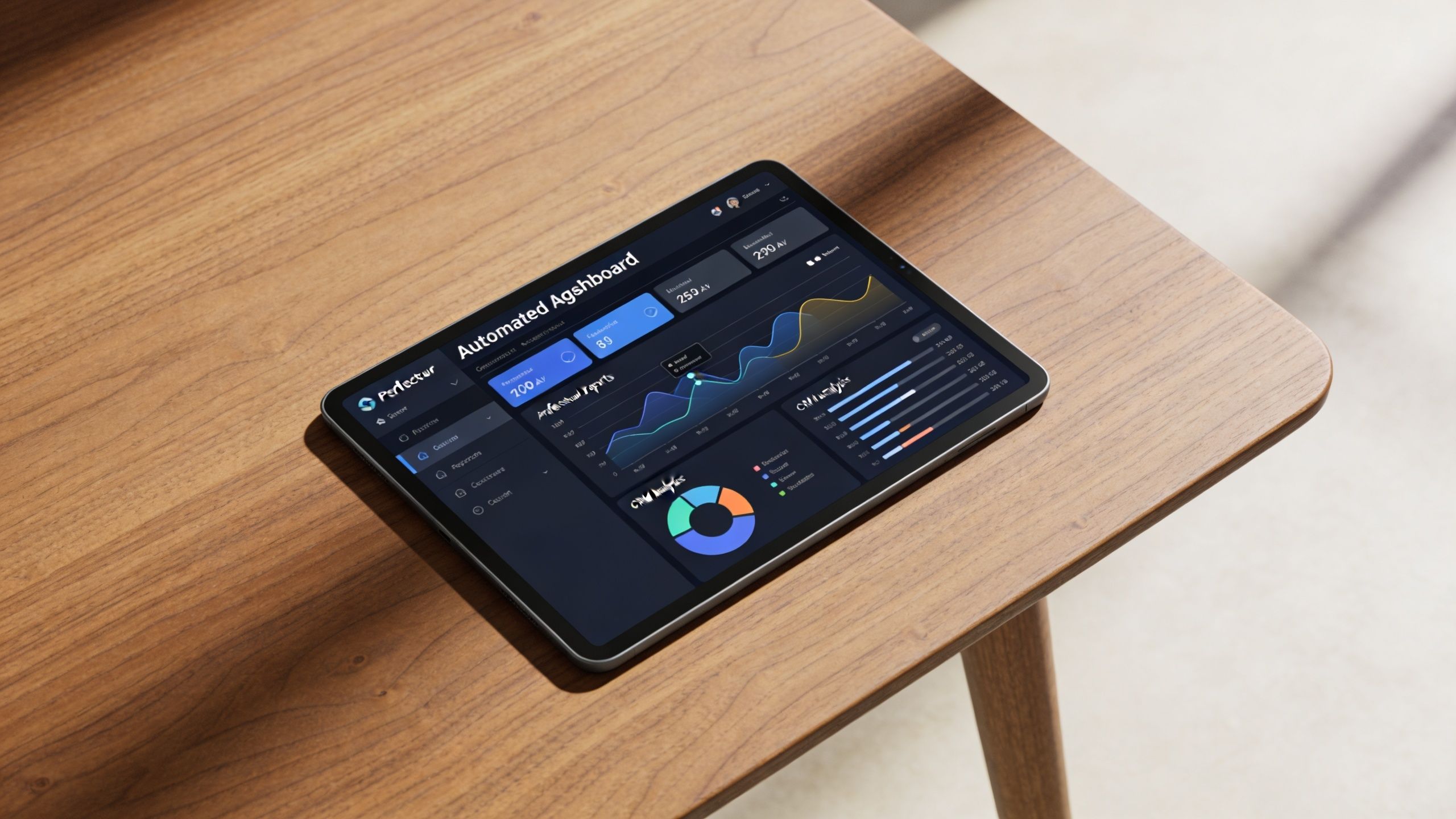 A digital tablet displaying an automated dashboard interface sitting on a modern wooden desk.