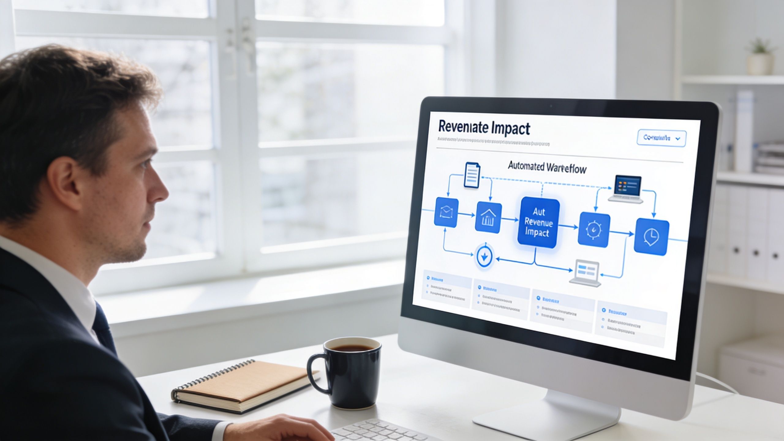 A professional man at a desk observing a digital diagram of an automated business workflow on monitor.