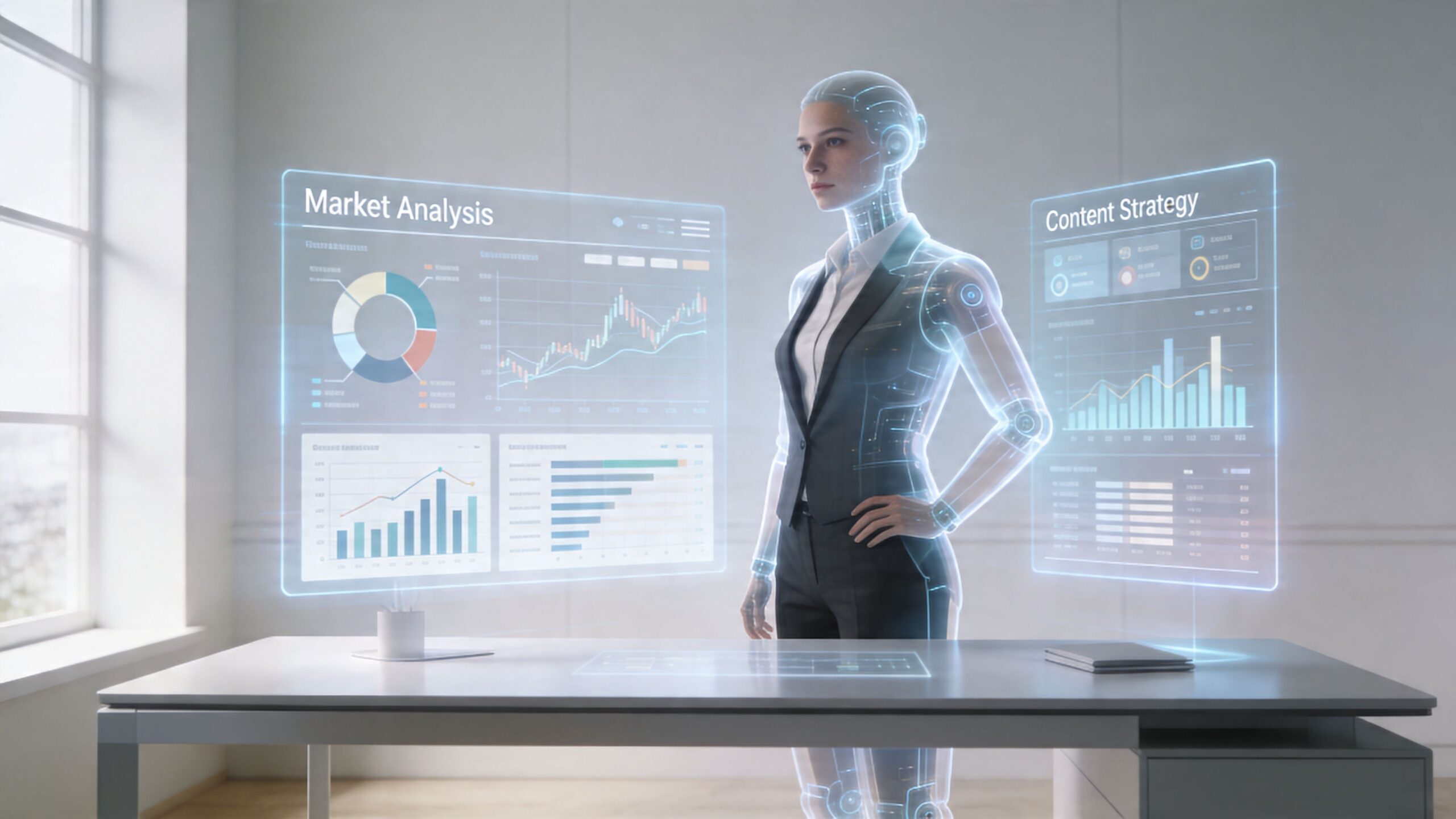 A female android in a professional suit reviewing holographic digital business charts in a modern office space.