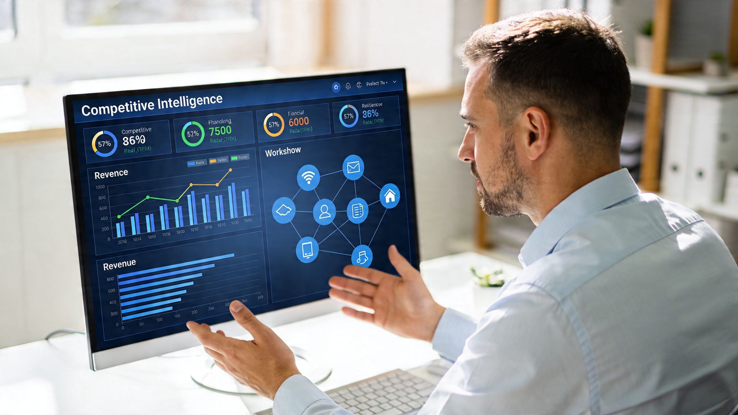 A professional man gesturing while explaining data on a computer screen displaying competitive intelligence analytics software.