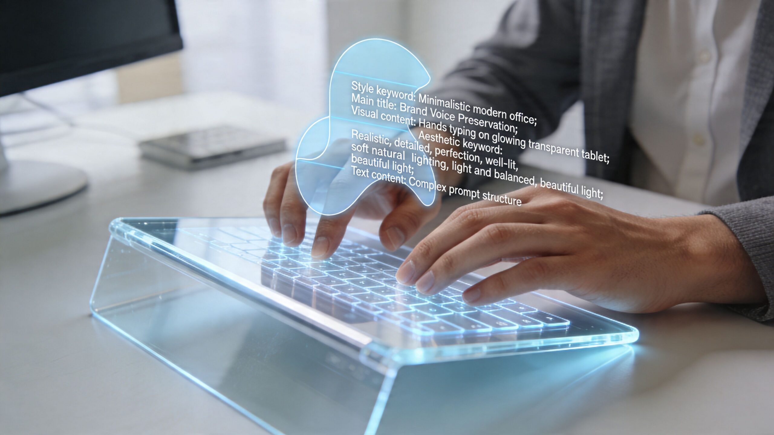 A professional typing on a futuristic, glowing transparent keyboard integrated into a tablet in a modern office.