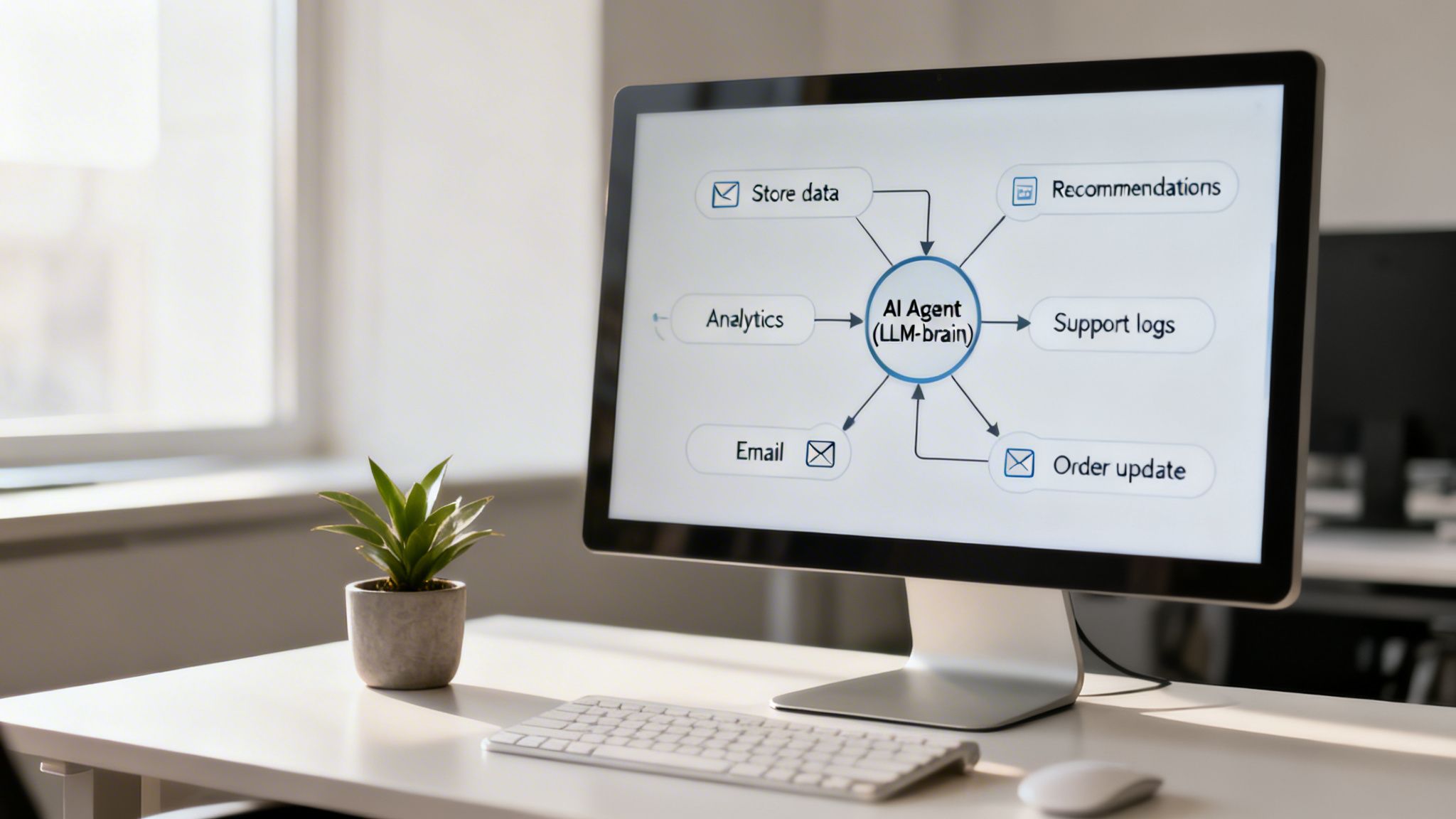A computer screen displays a diagram of an AI agent (LLM-brain) connected to various business functions.
