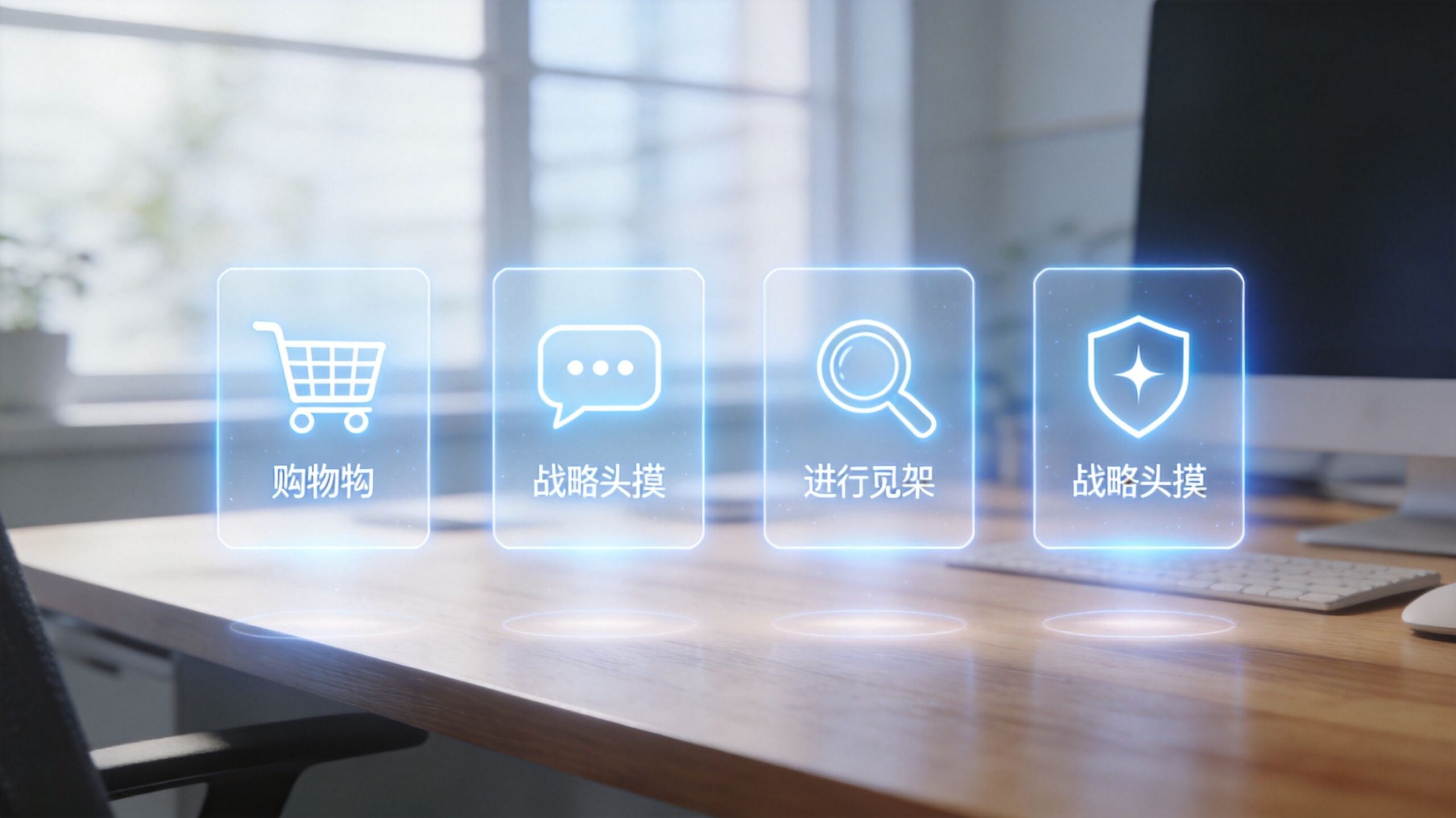 A digital interface featuring four glowing neon icons representing shopping, communication, search, and security for e-commerce.