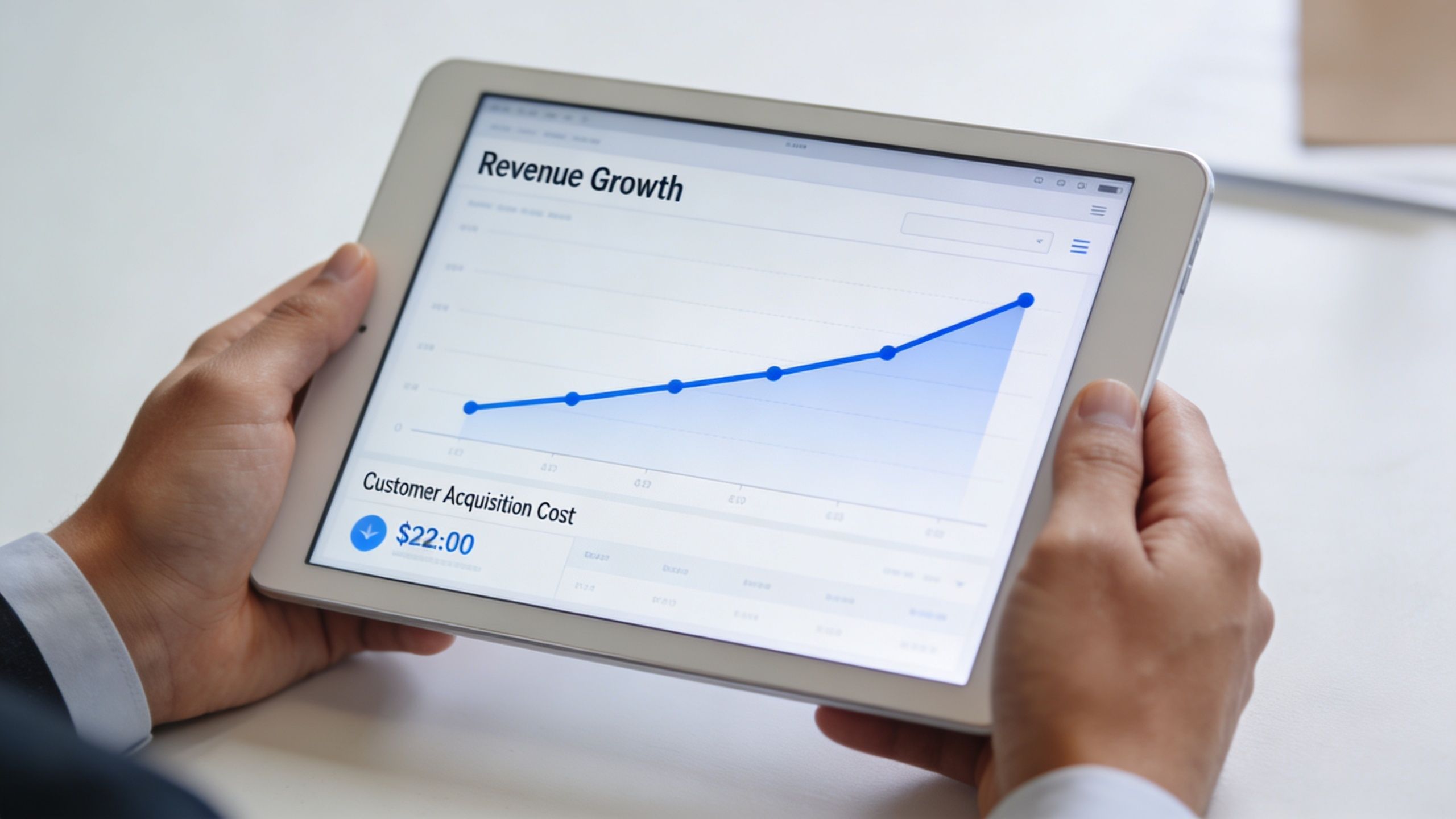 A person holding a tablet displaying a professional revenue growth chart and customer acquisition cost metrics.