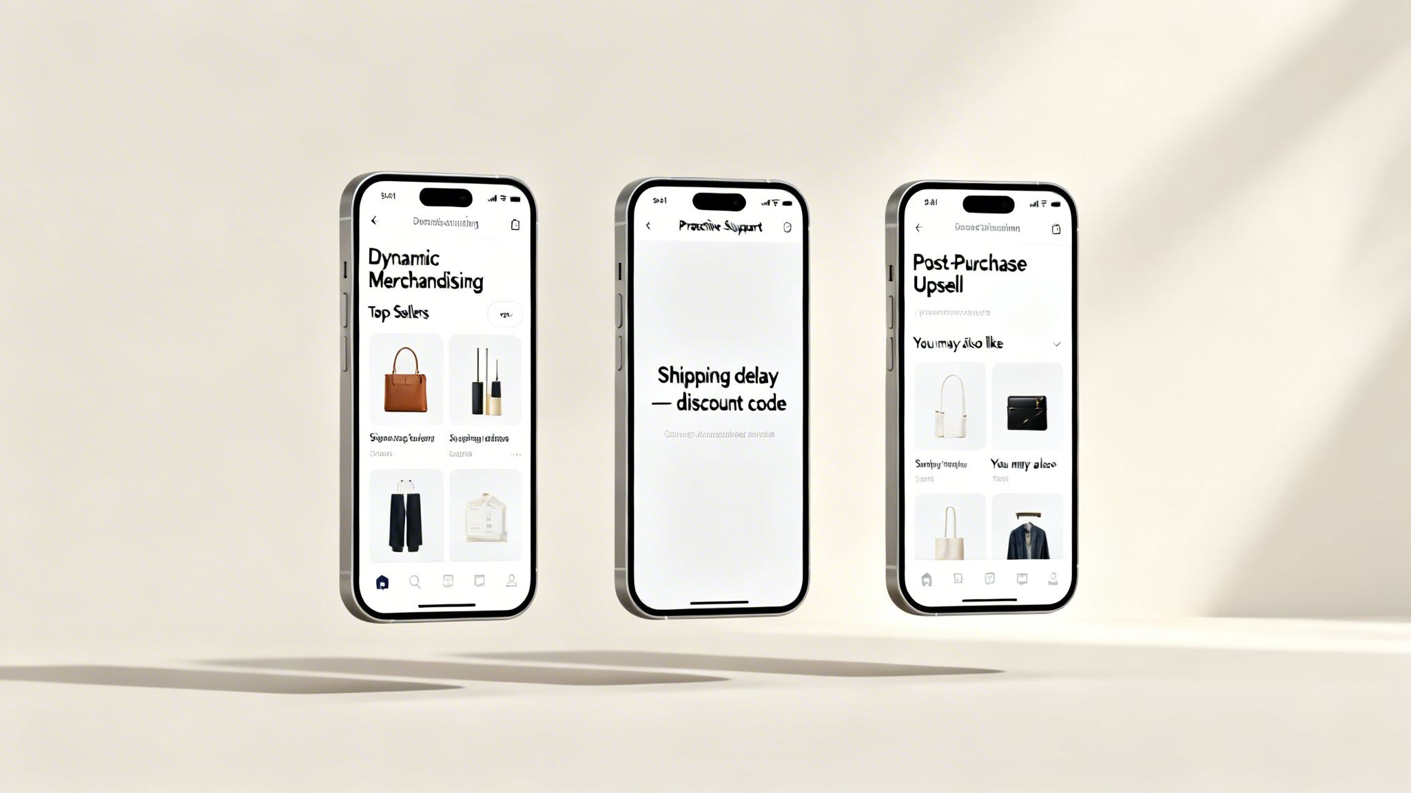 Three smartphones showcase AI-powered e-commerce features like dynamic merchandising, proactive support, and post-purchase upsell.