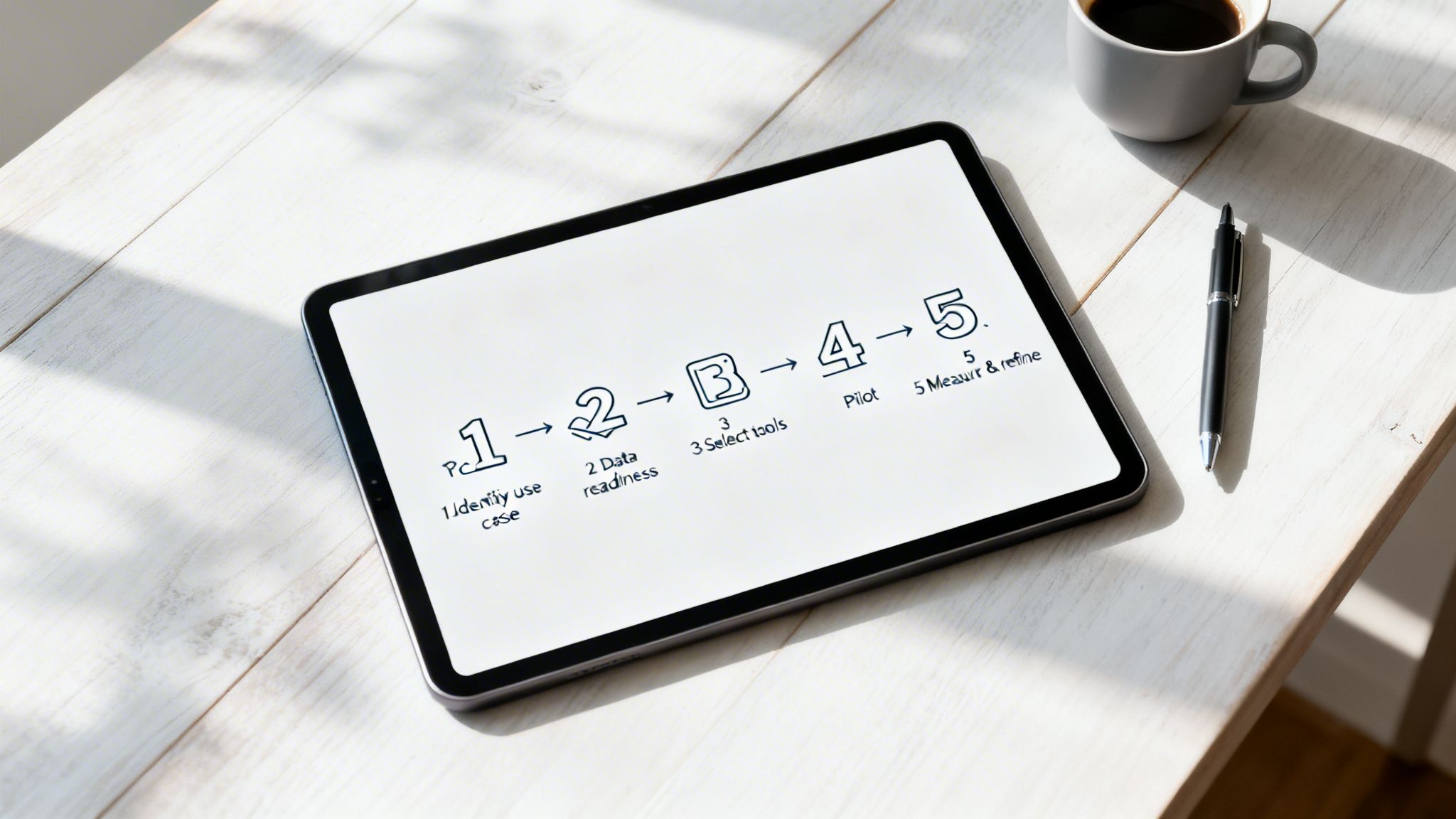 A tablet on a wooden desk displays a 5-step process diagram outlining business development or planning.