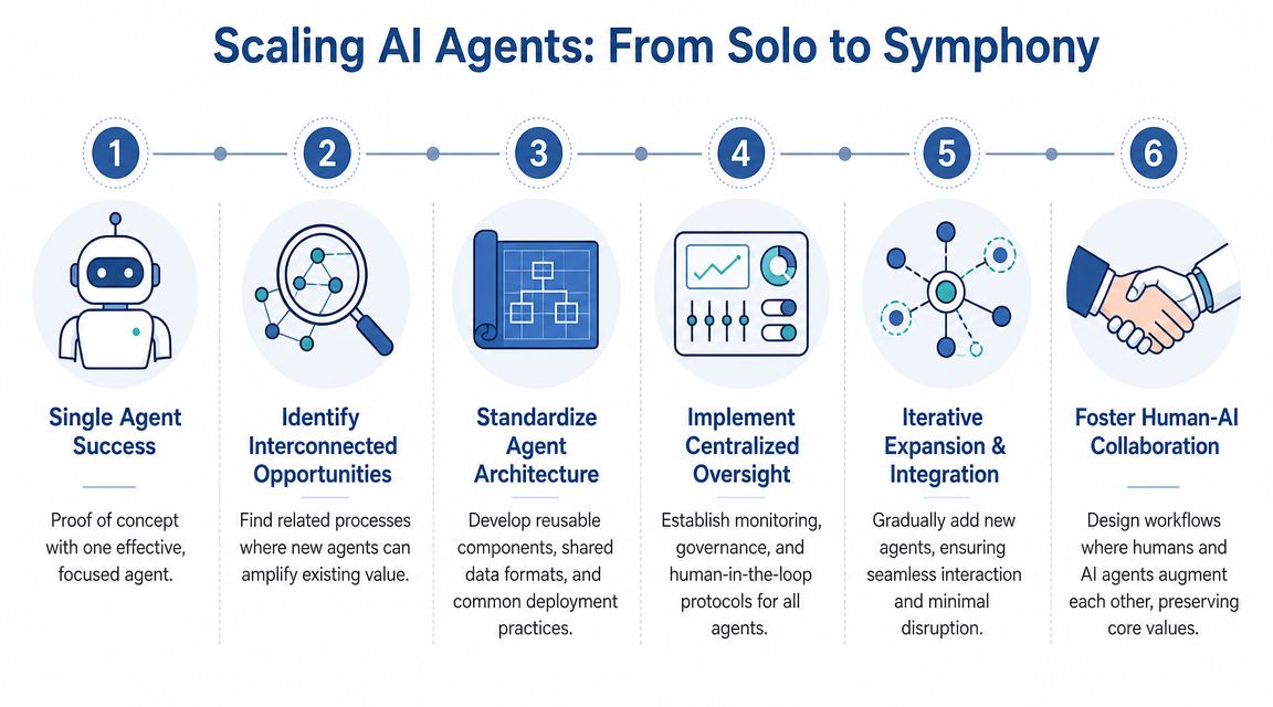 A six-step infographic illustrating the progression of scaling AI agents from a single entity to a collaborative symphony.