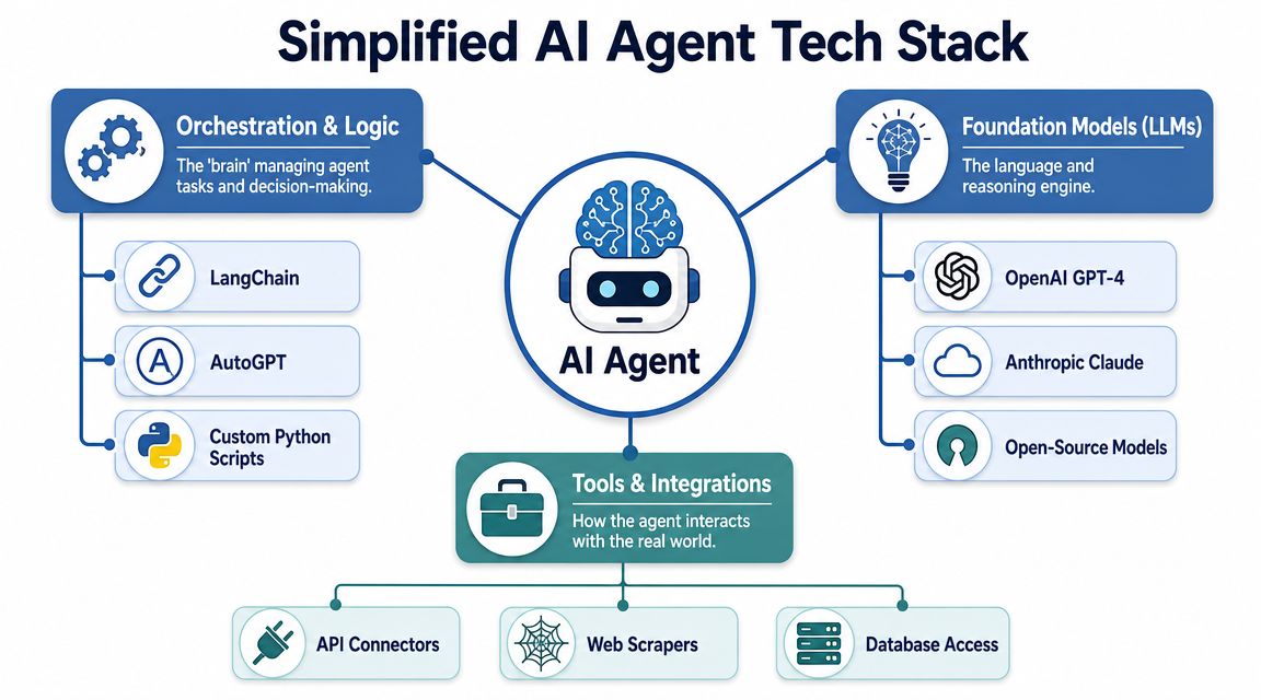 A diagram illustrating the simplified tech stack components of an AI agent including orchestration, foundation models, and tools.