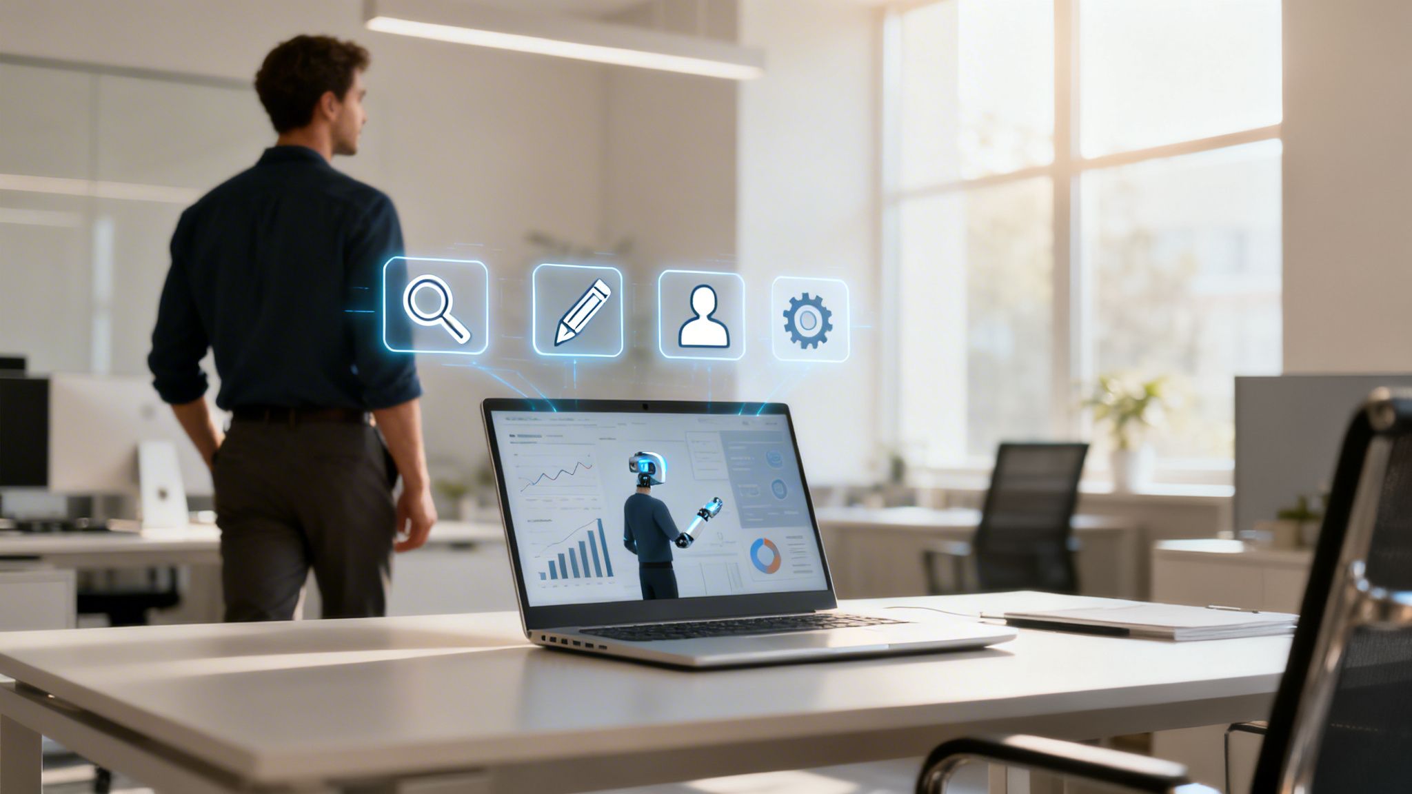 Man in office looking at laptop displaying AI agent, data, and floating digital task icons.