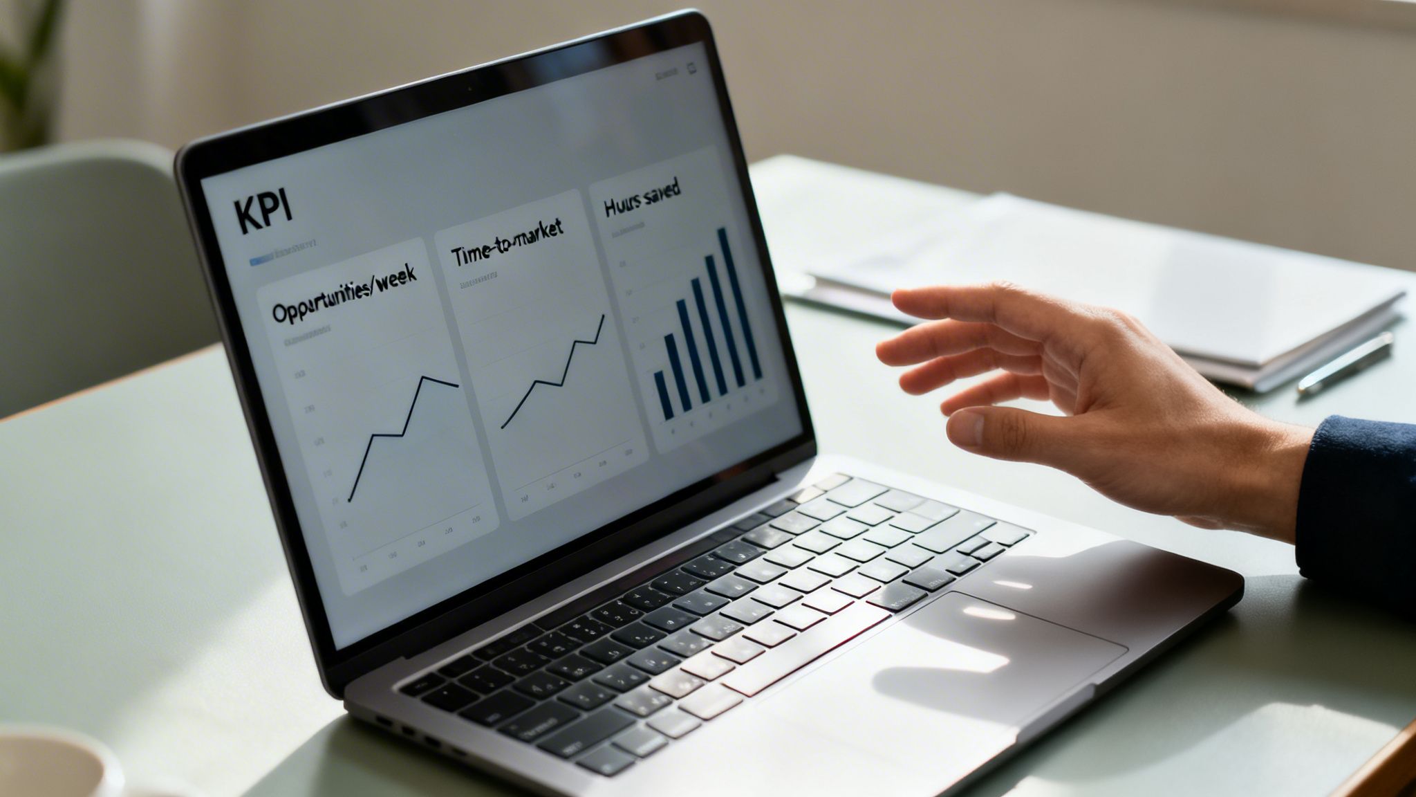 Close-up of a person's hand hovering over a laptop displaying KPI dashboards with charts.