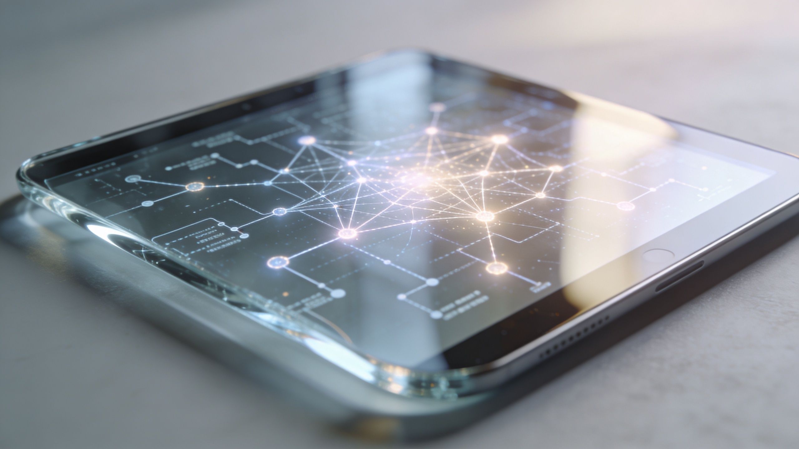 A digital tablet displaying a glowing network visualization representing artificial intelligence and data connectivity technology.