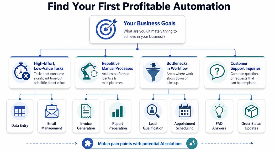 A flowchart titled Find Your First Profitable Automation showing business goals, pain points, and potential AI solutions.