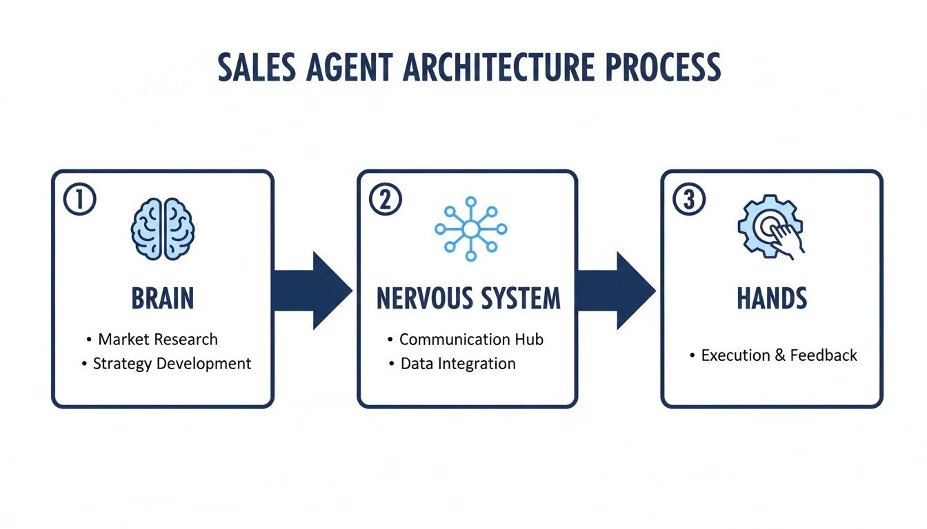 Flowchart illustrating the sales agent architecture process: Brain (planning), Nervous System (data), and Hands (execution).
