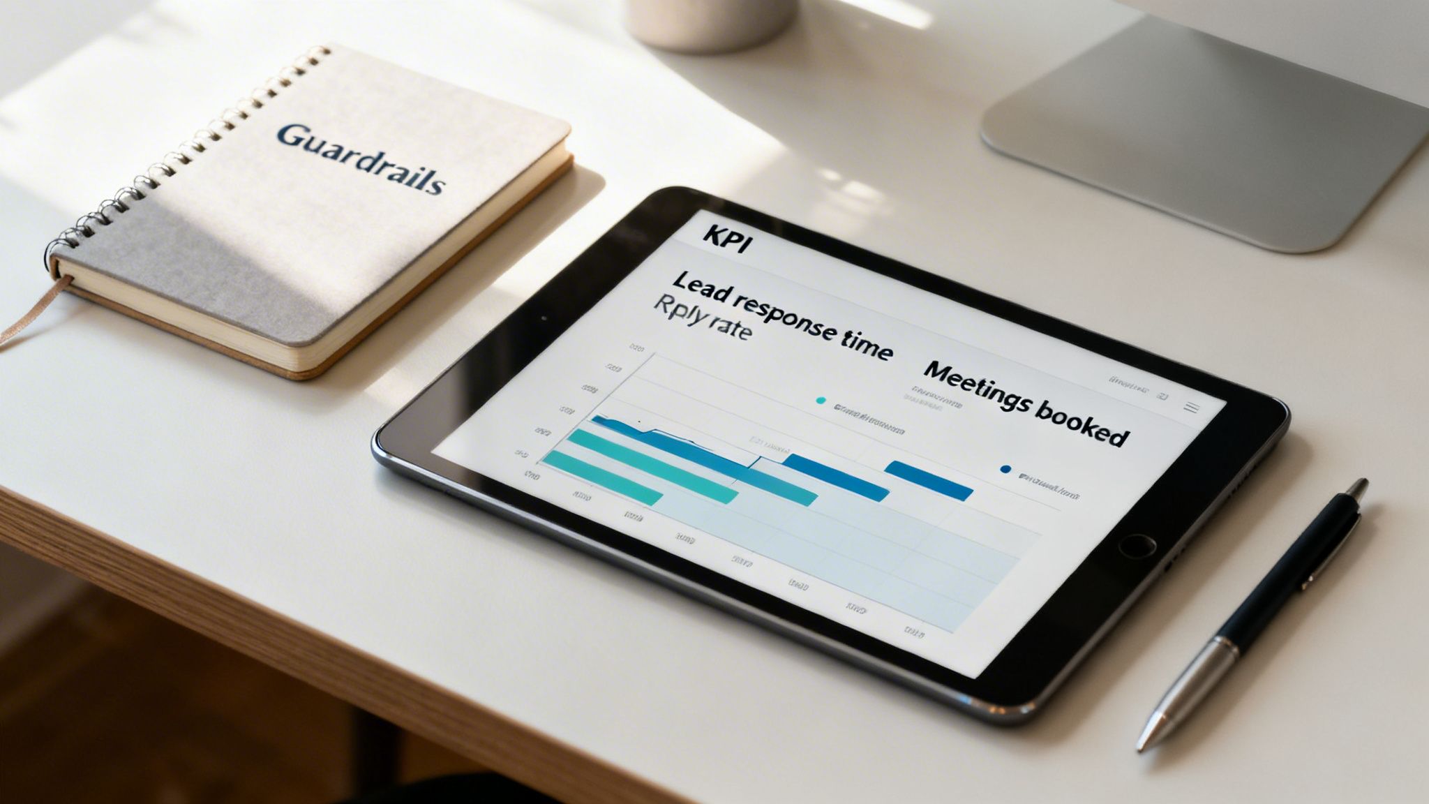 A tablet displaying a KPI dashboard with graphs and data, next to a 'Guardrails' notebook and a pen on a white desk.