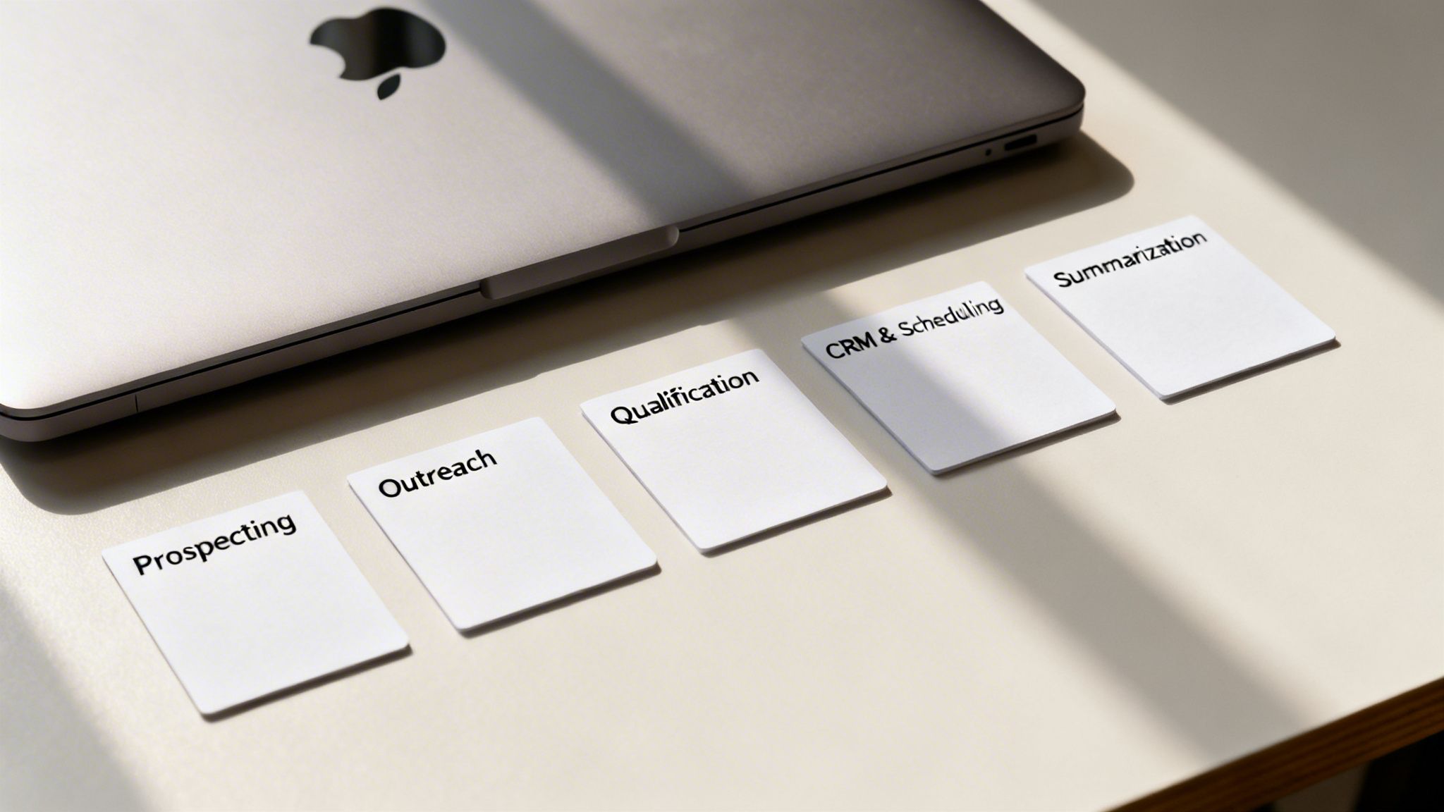 Five sales process steps: Prospecting, Outreach, Qualification, CRM & Scheduling, Summarization, laid out next to a laptop.