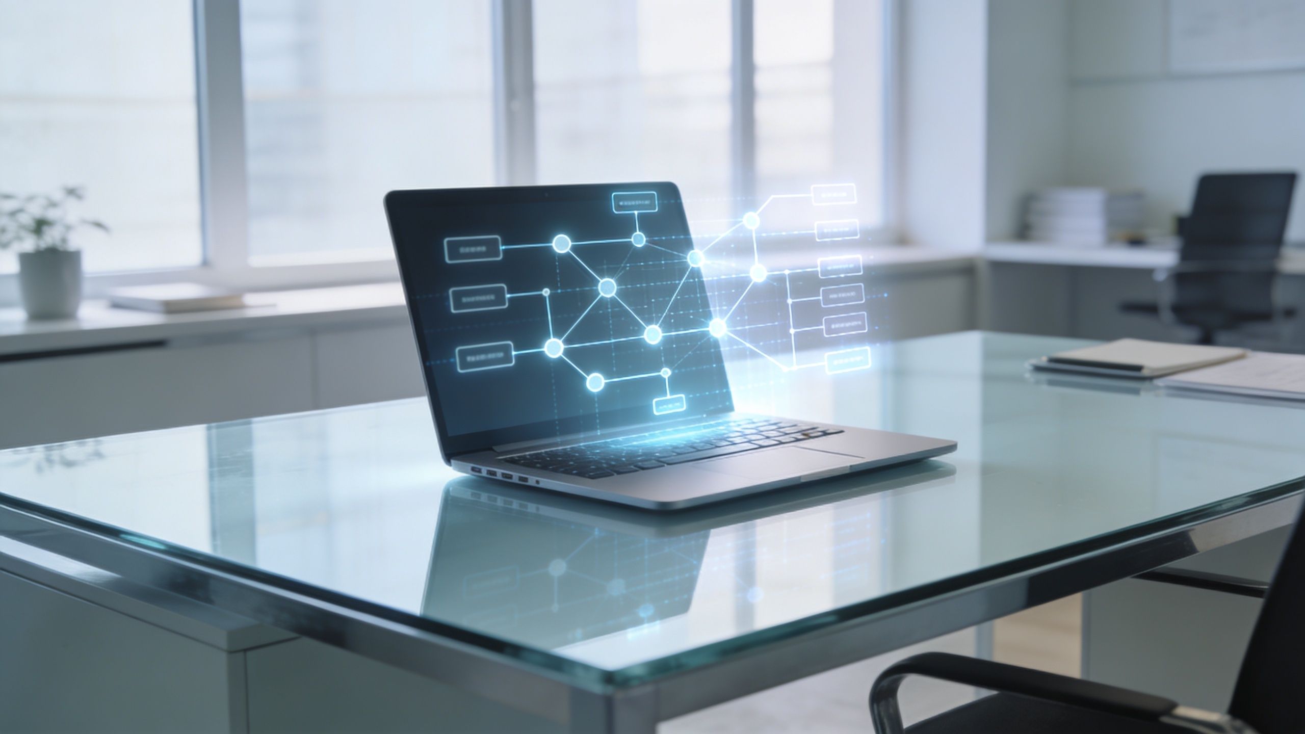 A sleek laptop on a modern glass desk displaying a holographic network of AI agent nodes.