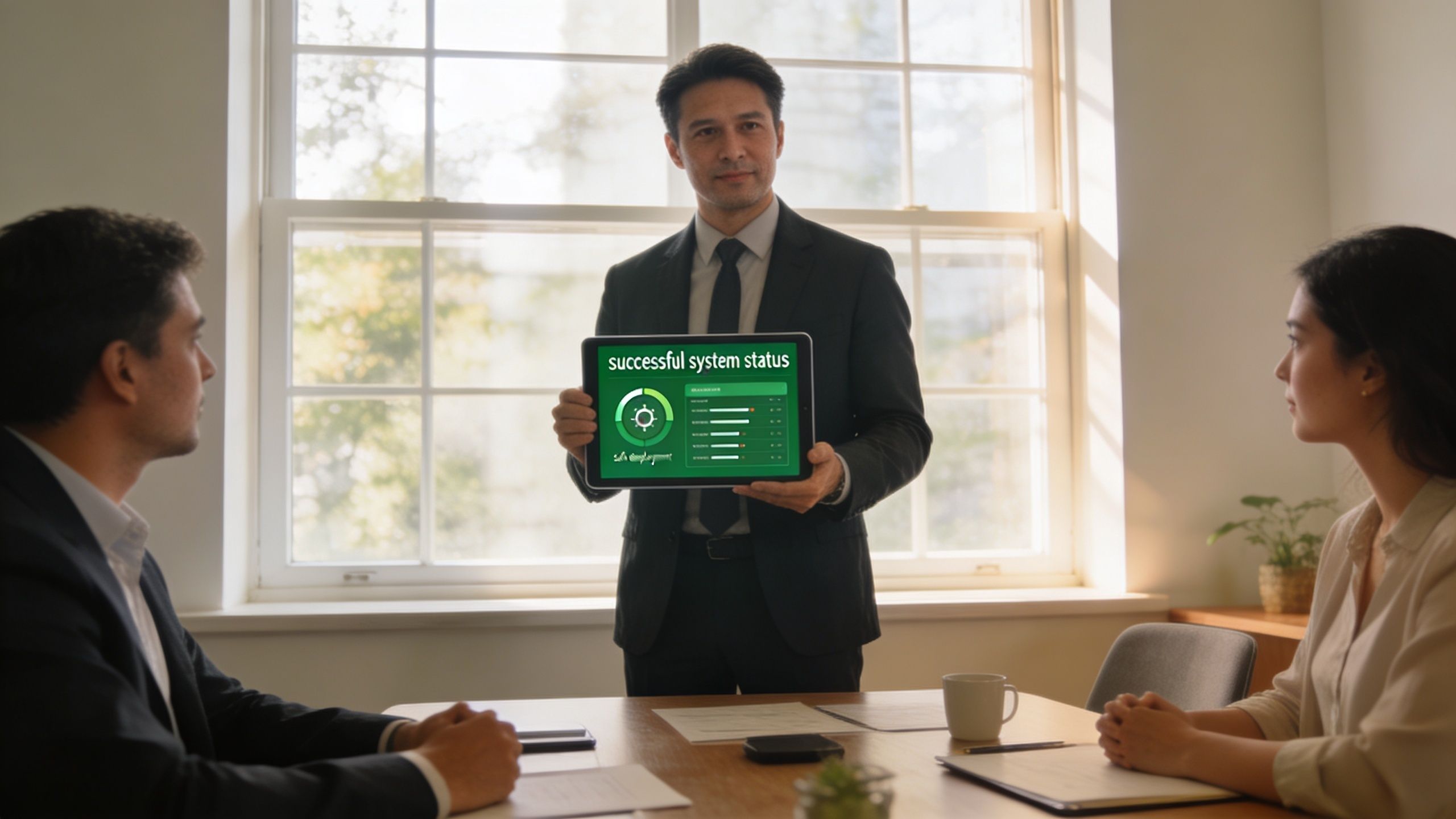 A professional man presents a digital tablet showing successful system status to two business colleagues in a meeting.