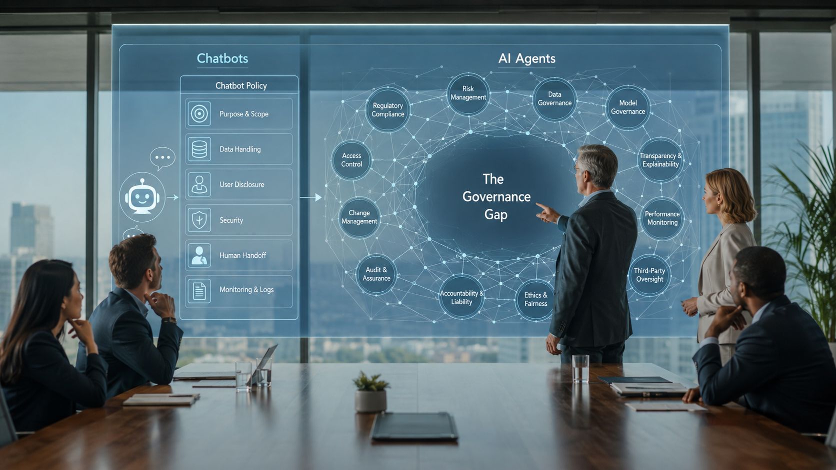A professional team in a boardroom discusses the governance gap between AI agents and chatbot policies.