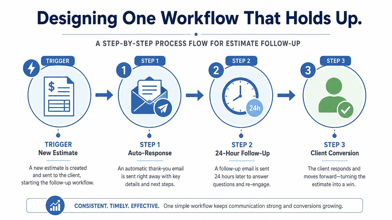 A diagram illustrating a three-step business workflow for managing client estimate follow-ups efficiently.