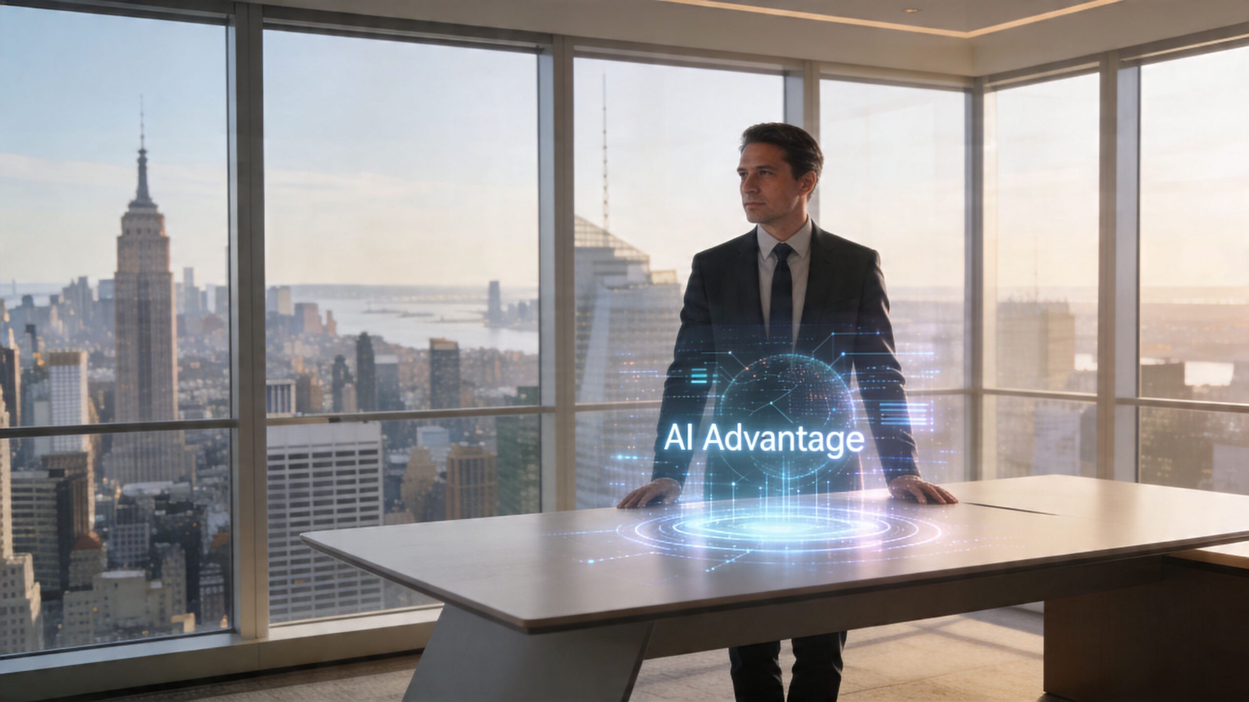 A professional businessman standing in a high-rise office overlooking a city skyline with a futuristic AI hologram.