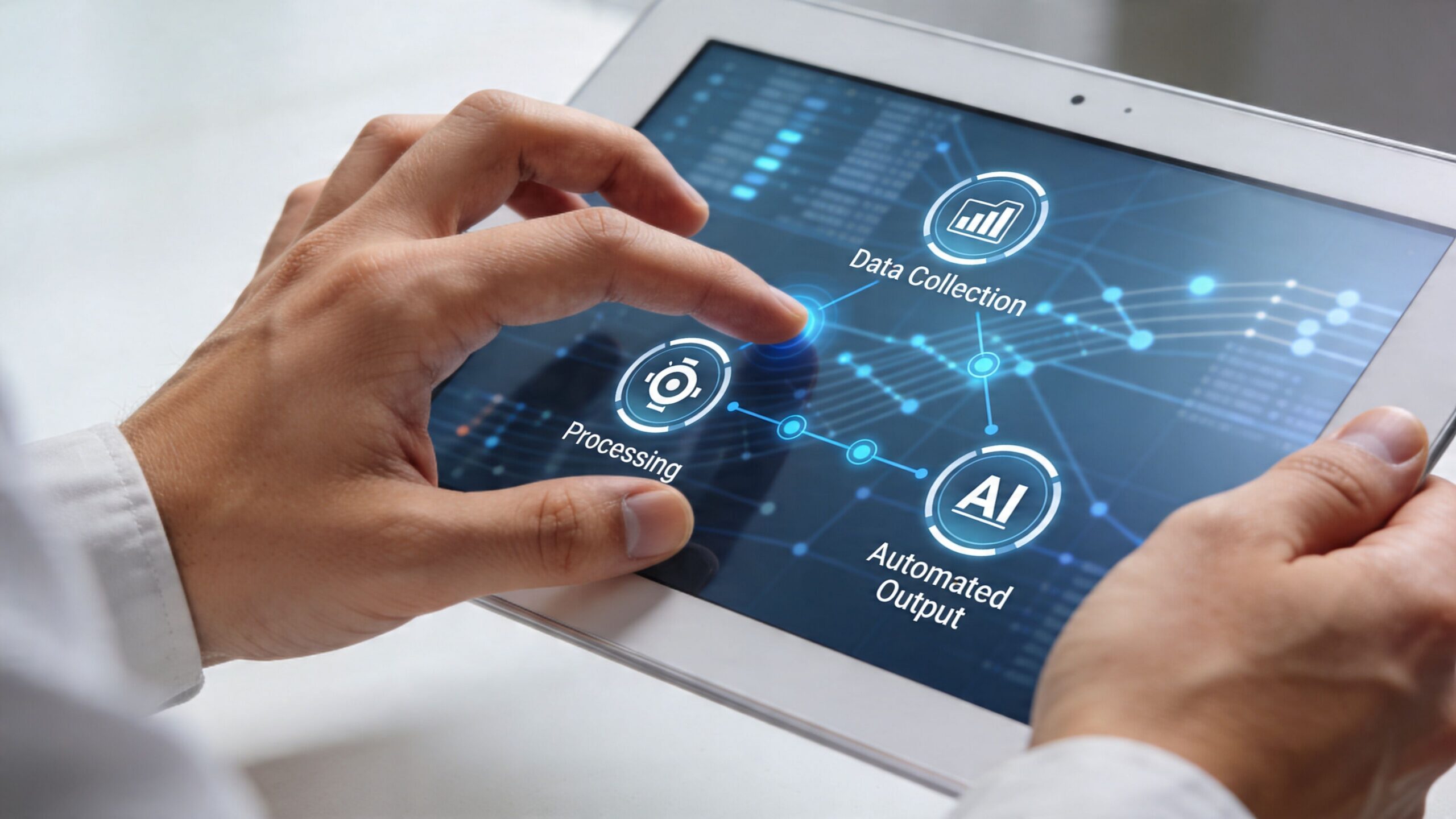 A professional using a tablet to interact with an interface illustrating AI business automation workflows.