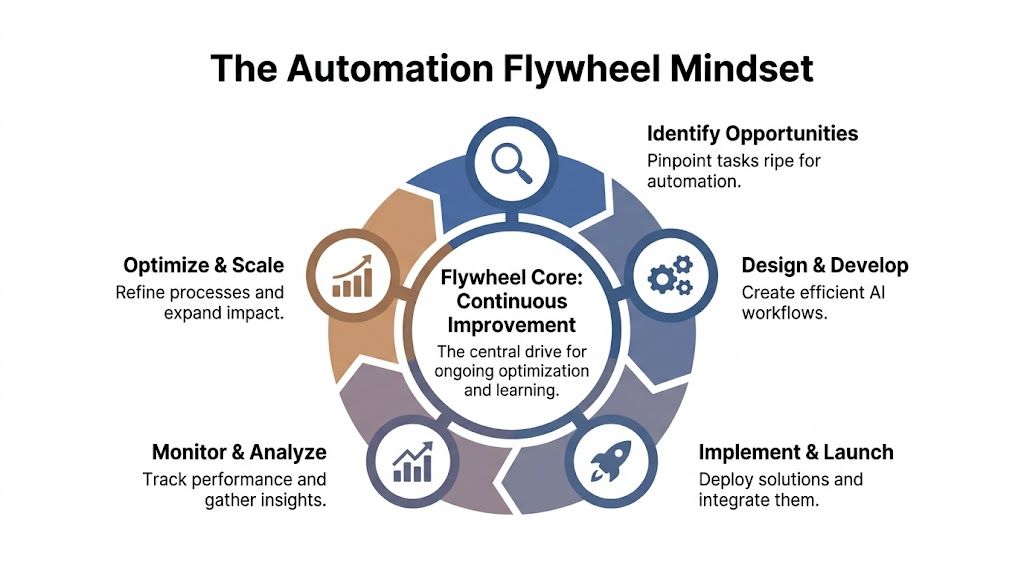 A circular diagram illustrating the five-step flywheel process for implementing continuous AI automation improvements in business.