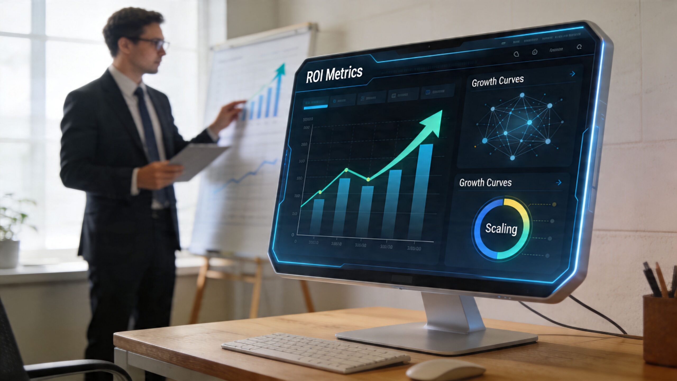 A professional in a suit standing by a whiteboard while a computer screen displays business ROI metrics.