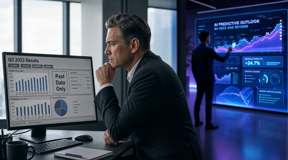 A professional businessman analyzing Q3 results on a computer while another looks at AI predictive analytics displays.