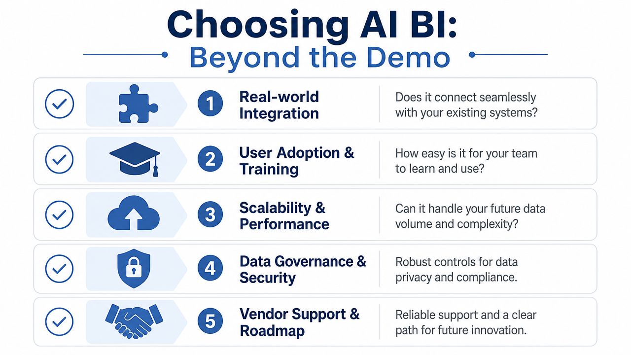 A five-point checklist for evaluating AI business intelligence software beyond the initial product demonstration.