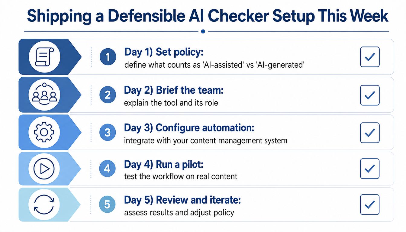 A five-day roadmap infographic for implementing a defensible AI content checker workflow in a business setting.