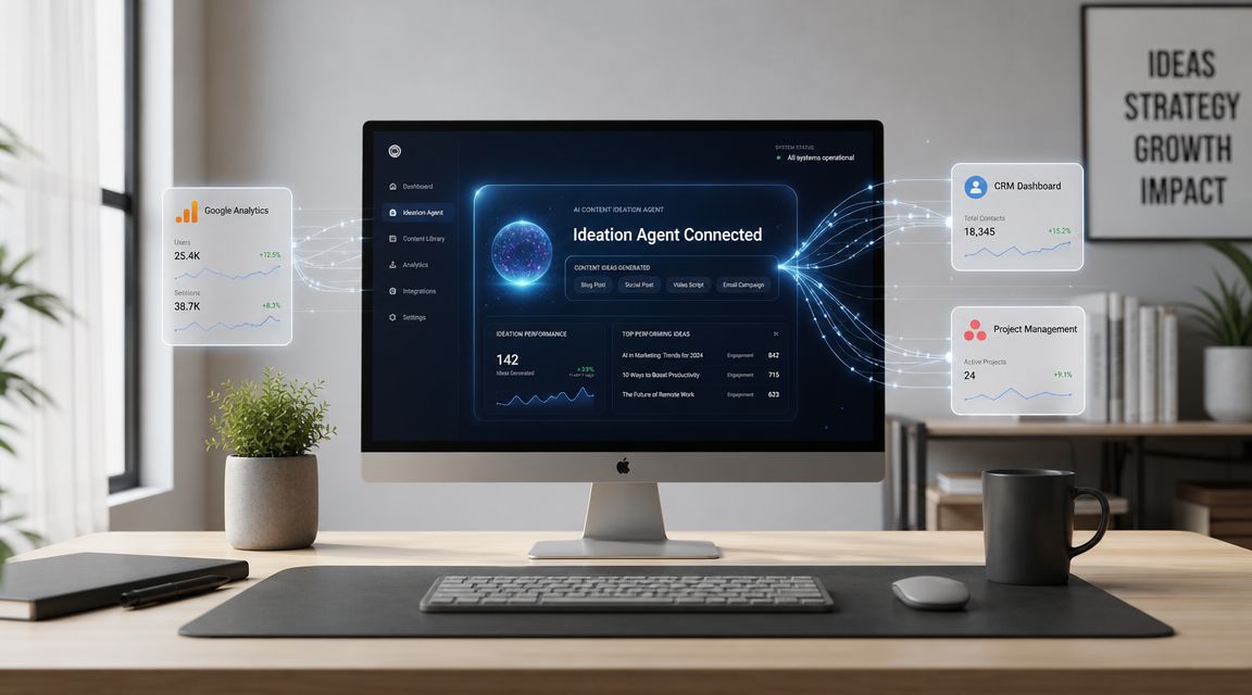 A desktop computer displaying an AI content ideation agent dashboard connected to analytics and project management software.